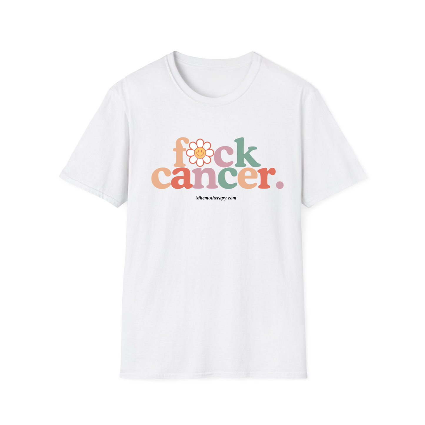 Front view of the white "F*ck Cancer." retro funny cancer shirt, chemo gift for women and men by Mhemotherapy.com.