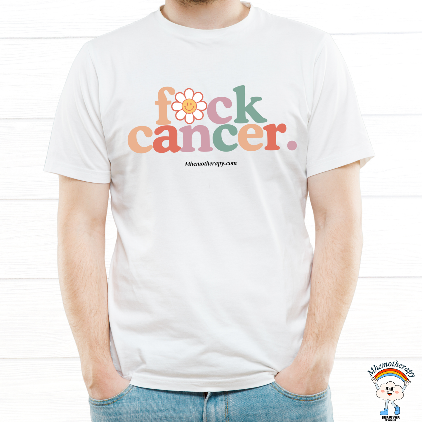 Man wearing the white "F*ck Cancer." retro funny cancer shirt, chemo gift for men and women by Mhemotherapy.com.