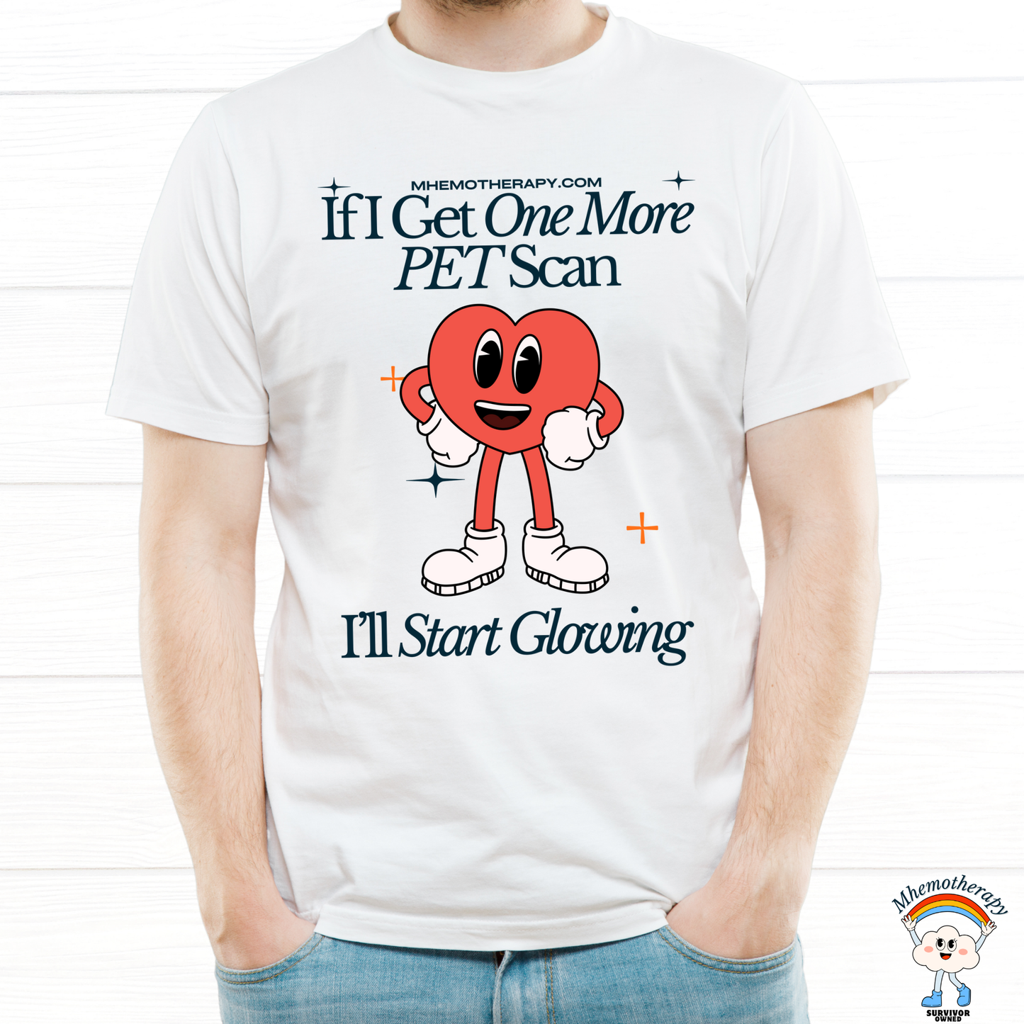 Man wearing the white "If I Get One More PET Scan, I'll Start Glowing" funny cancer survivor t-shirt for men and women by Mhemotherapy.com.