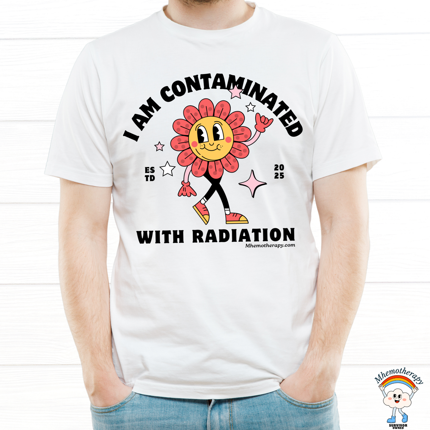 Man wearing the "I Am Contaminated With Radiation" funny cancer shirt, white, PET Scan t-shirt front view by Mhemotherapy.com.