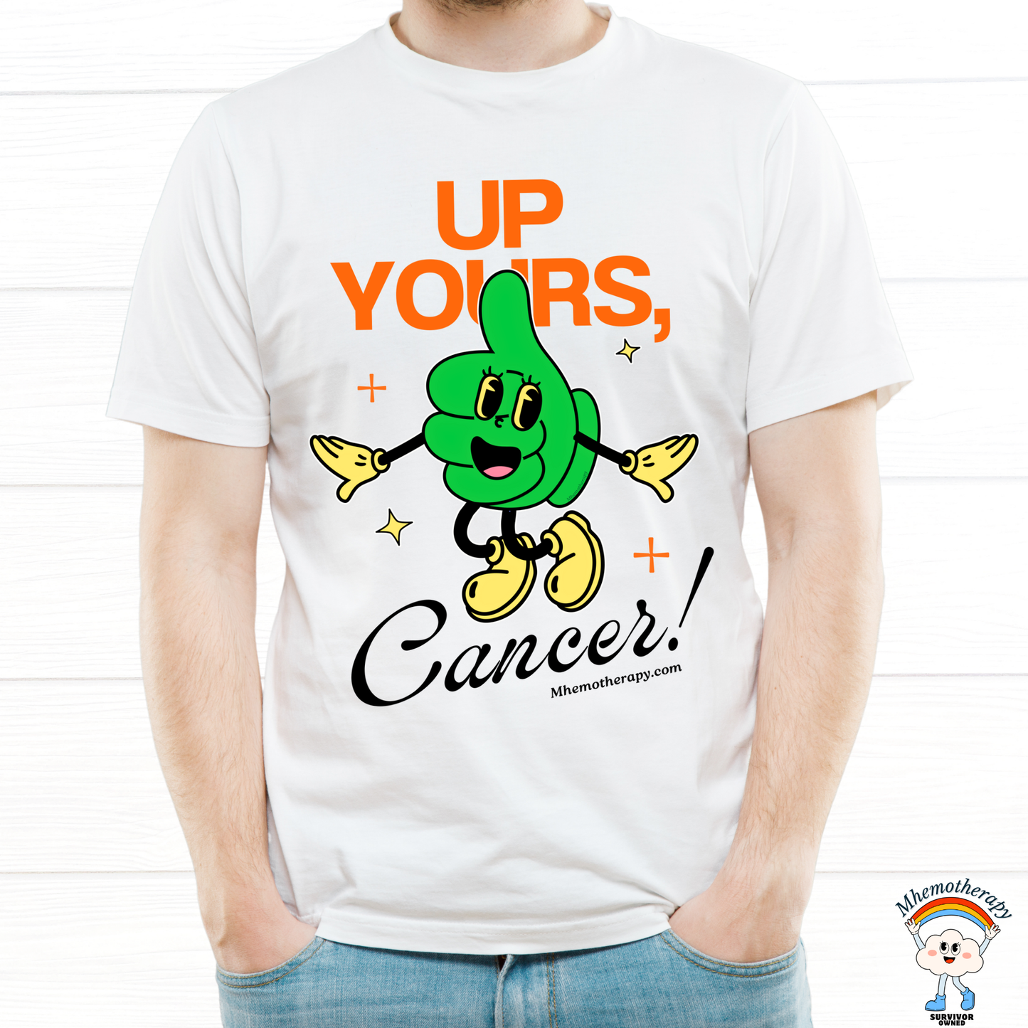Man wearing funny cancer awareness shirt stating "Up Yous, Cancer!", chemo gift for for men and women, white, by Mhemotherapy.com.