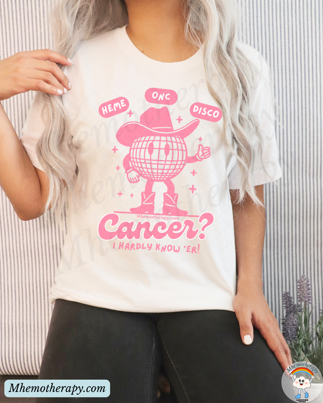 Female model wearing the Heme-Onc Cowboy Disco retro funny cancer shirt, white with pink, breast cancer t-shirt, funny cancer survivor shirt for women and men by Mhemotherapy.com.