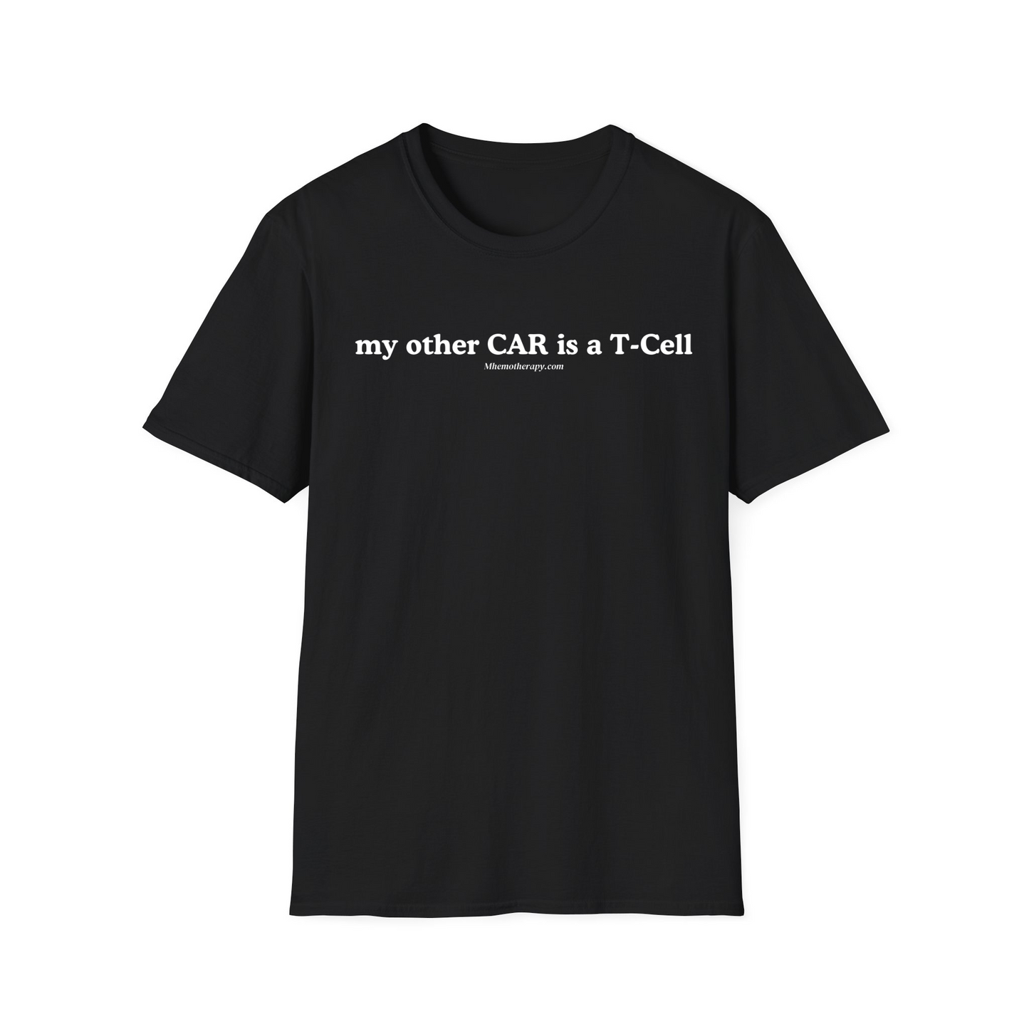 Front view of the black "My other CAR is a T-Cell" CAR-T Cell Therapy t-shirt & funny cancer shirt by Mhemotherapy.