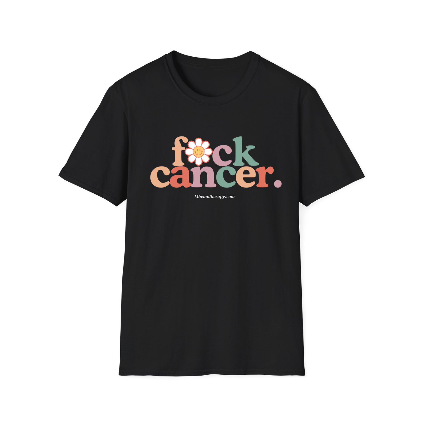 Front view of the black "F*ck Cancer." retro funny cancer shirt, chemo gift for women and men by Mhemotherapy.com.