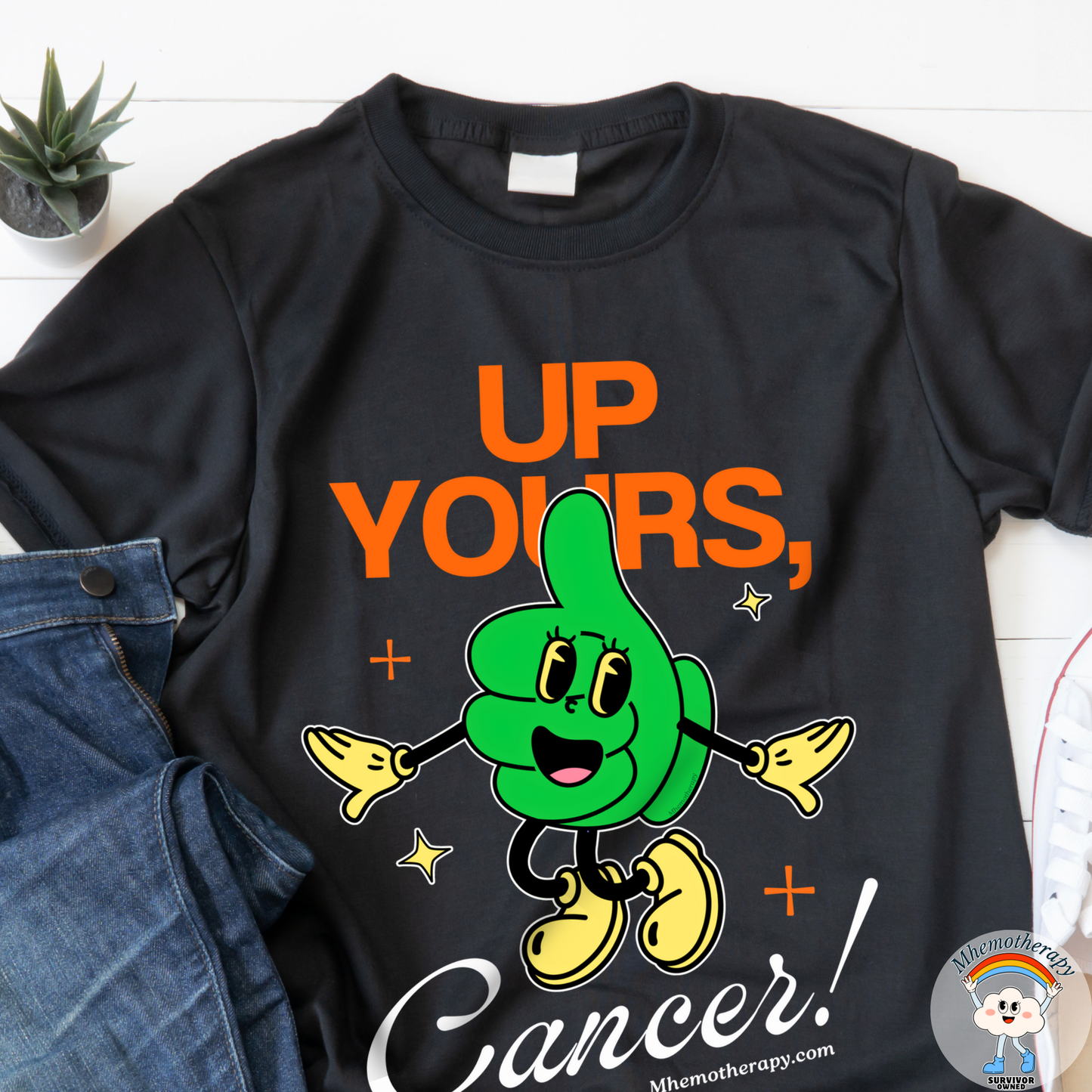 Close up of funny cancer awareness shirt stating "Up Yous, Cancer!", chemo gift for for men and women, black, by Mhemotherapy.com.