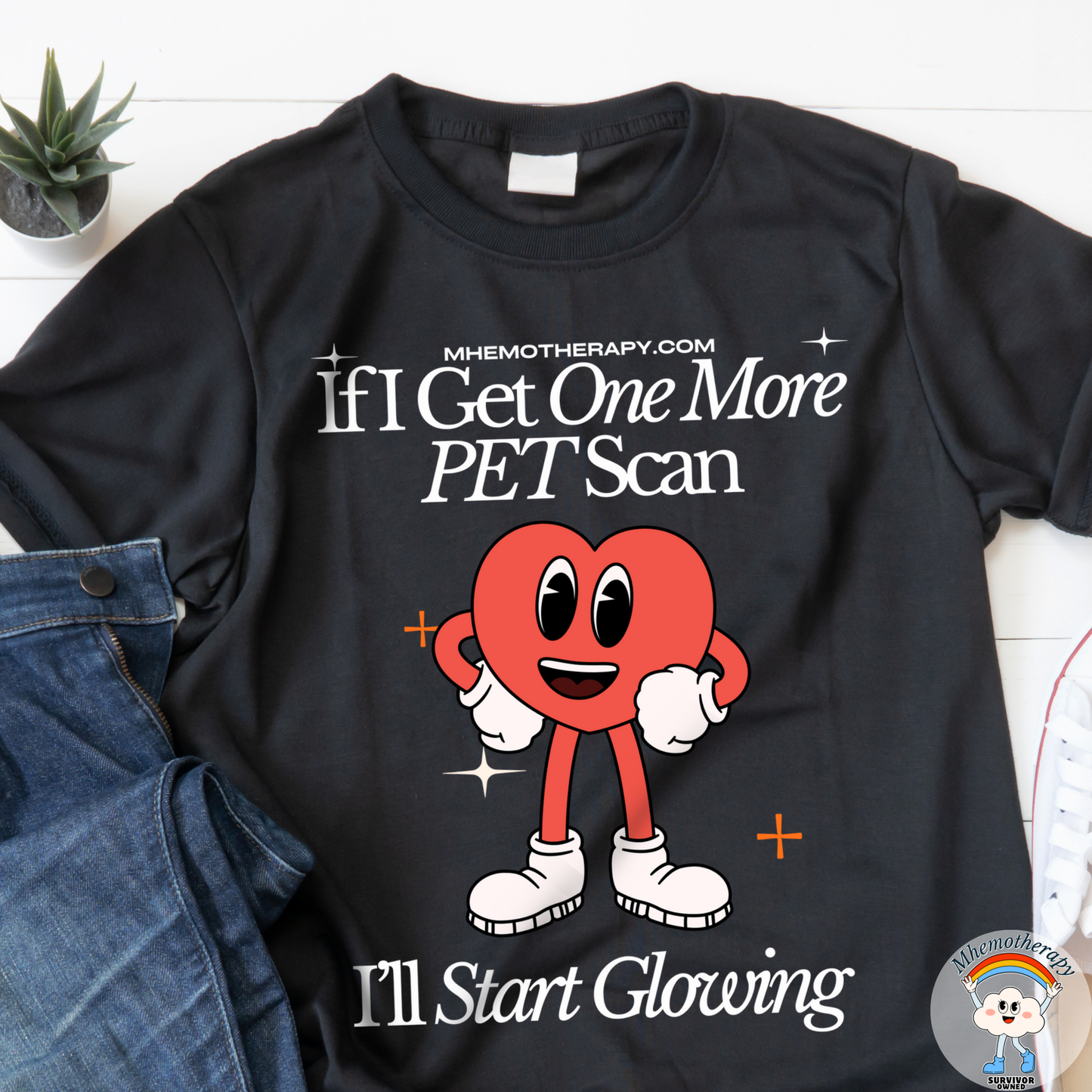 Close up of the black "If I Get One More PET Scan, I'll Start Glowing" funny cancer survivor t-shirt for men and women by Mhemotherapy.com.