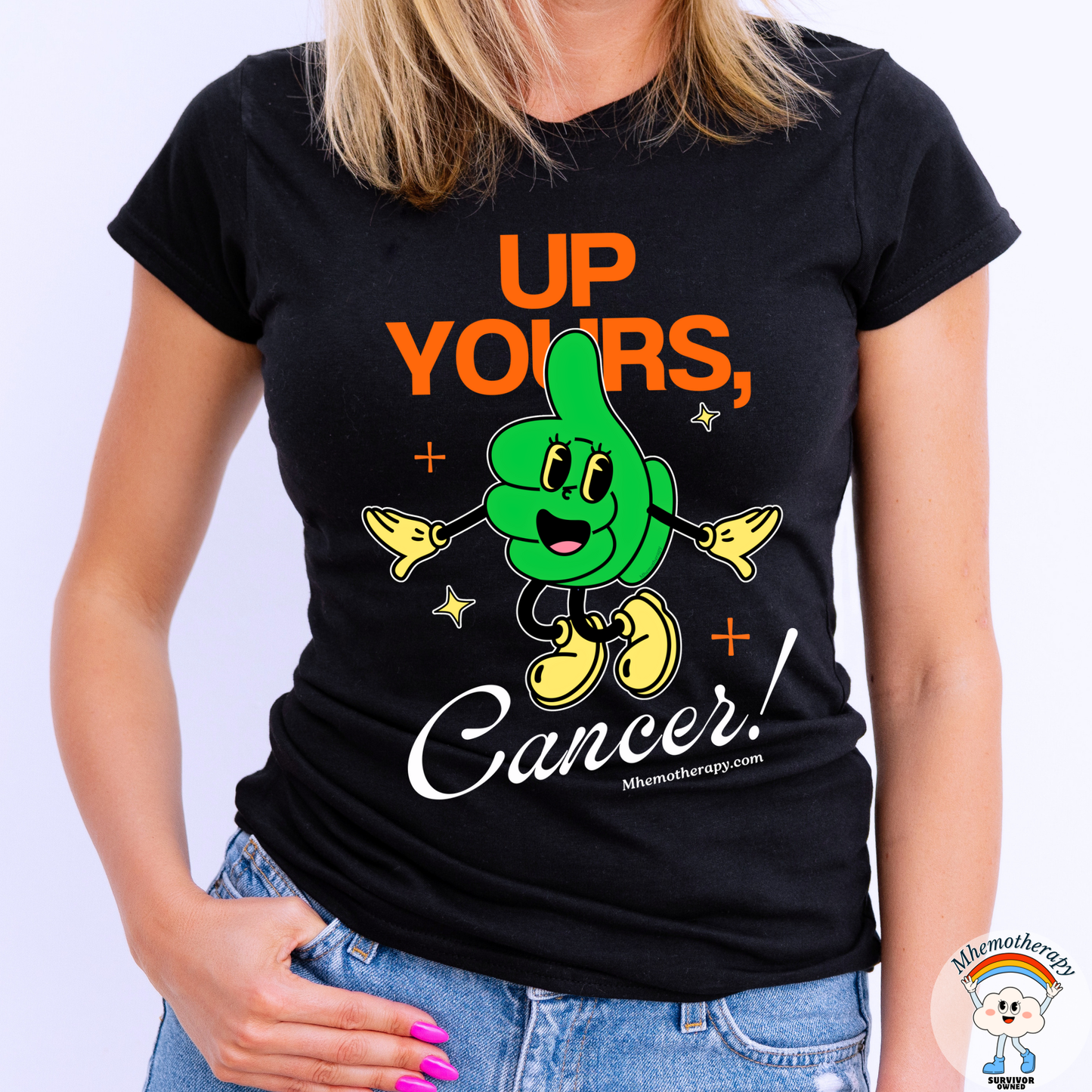 Woman wearing funny cancer awareness shirt stating "Up Yous, Cancer!", chemo gift for for men and women, black, by Mhemotherapy.com.