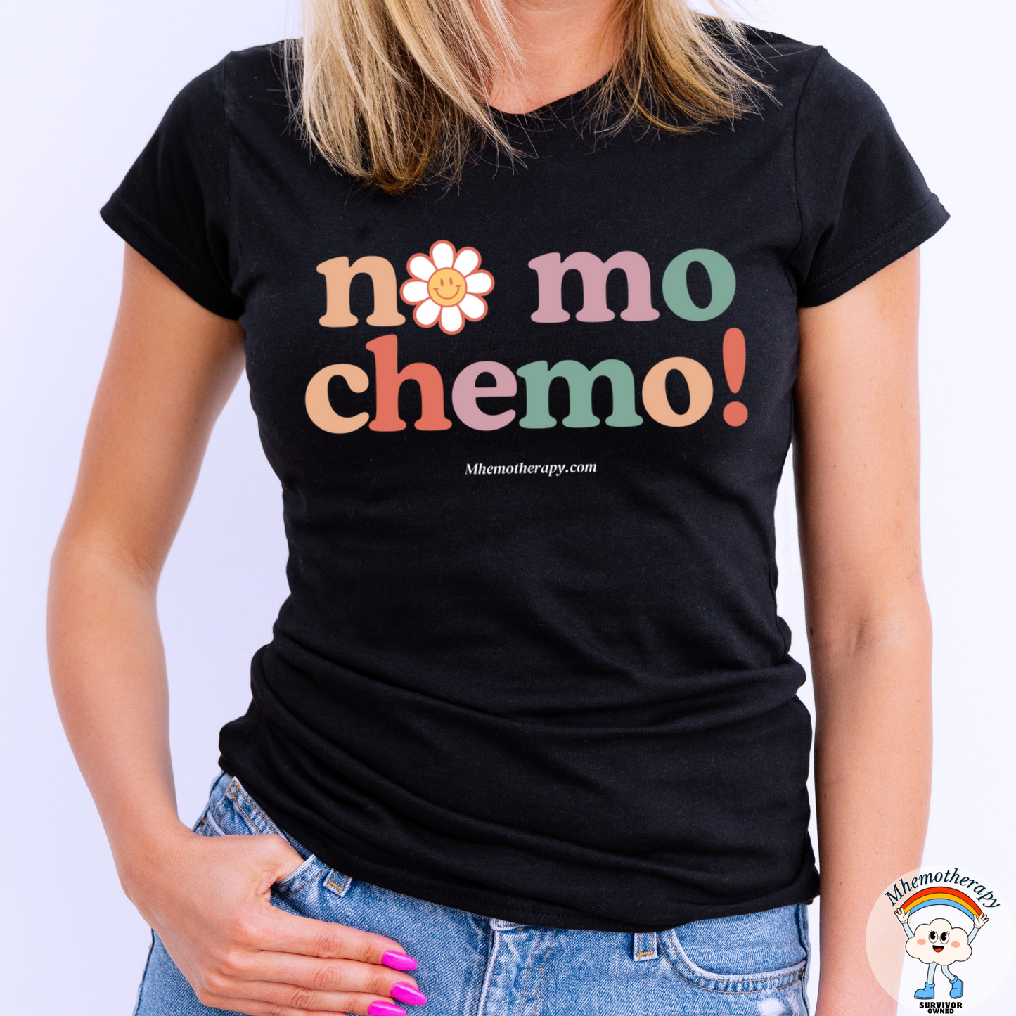 Woman wearing the black "No Mo Chemo" funny cancer shirt for men, chemo gift, cancer awareness t-shirt by Mhemotherapy.com.