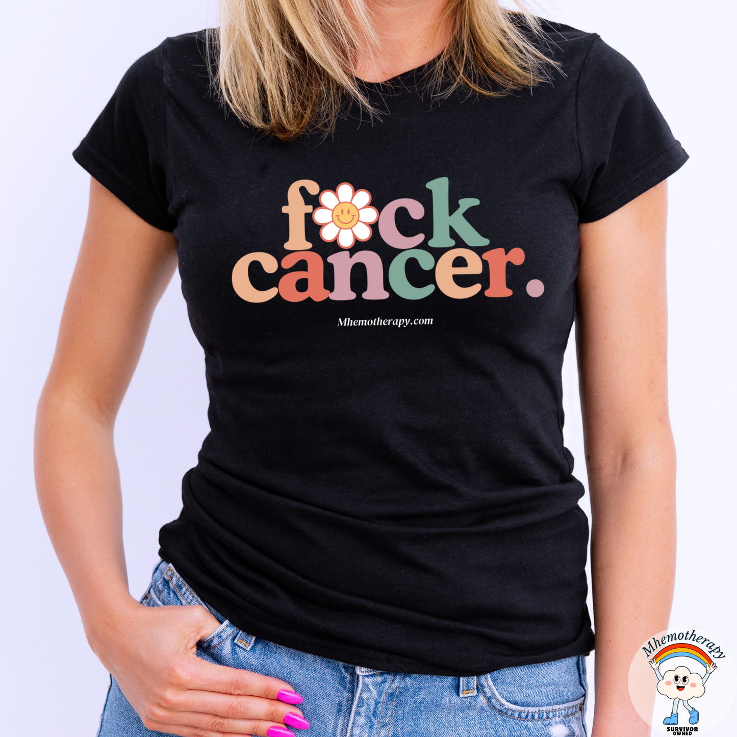 Woman wearing the black "F*ck Cancer." retro funny cancer shirt, chemo gift for men and women by Mhemotherapy.com.