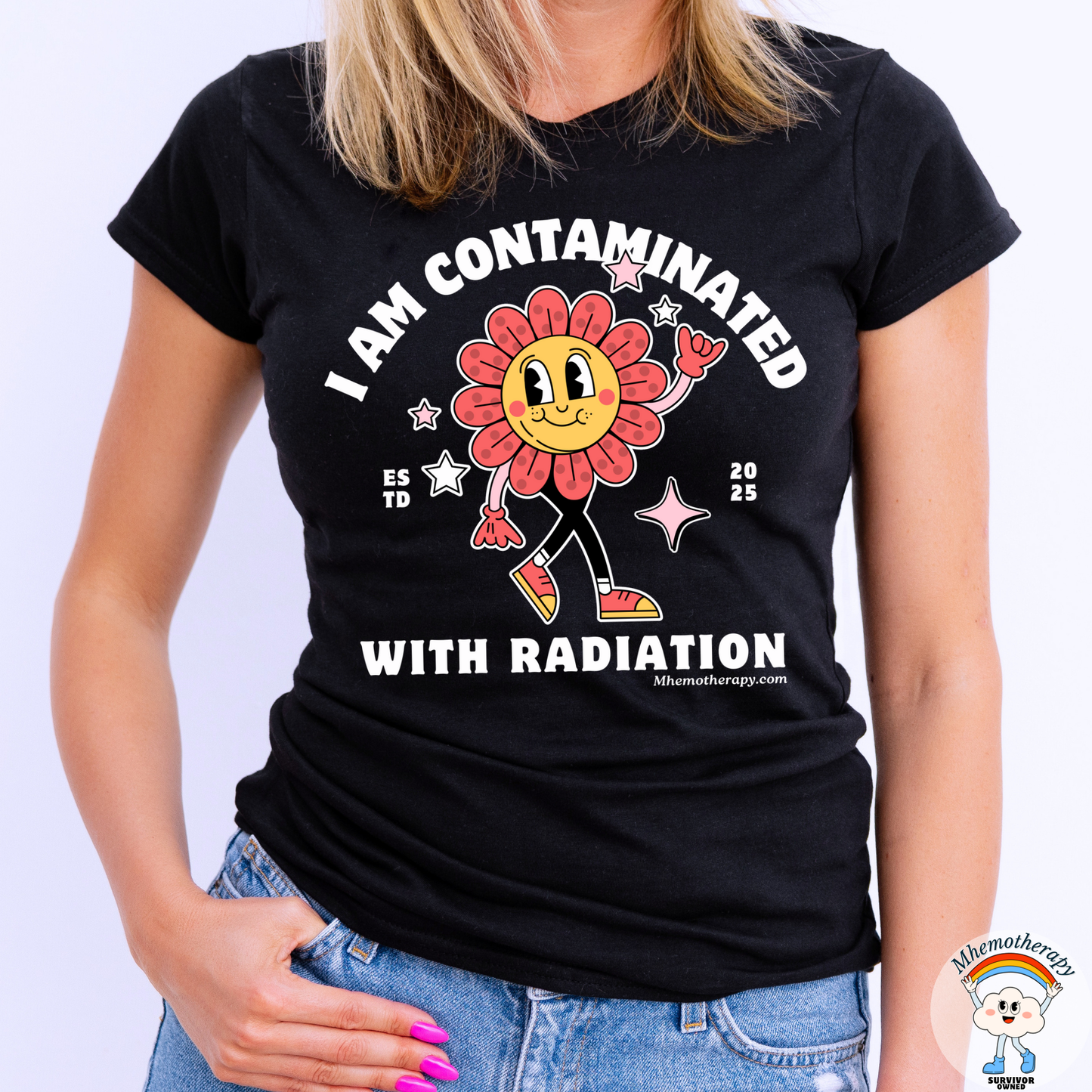 Woman wearing the "I Am Contaminated With Radiation" funny cancer shirt, black, PET Scan t-shirt front view by Mhemotherapy.com.