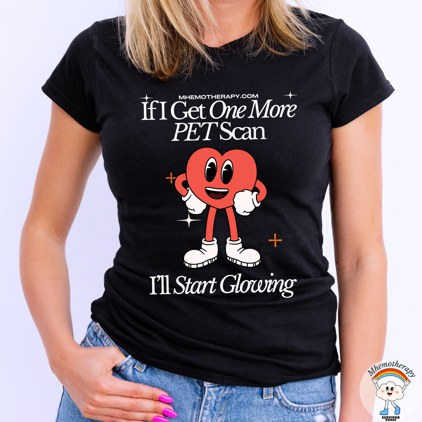 Woman wearing the black "If I Get One More PET Scan, I'll Start Glowing" funny cancer survivor t-shirt for men and women by Mhemotherapy.com.