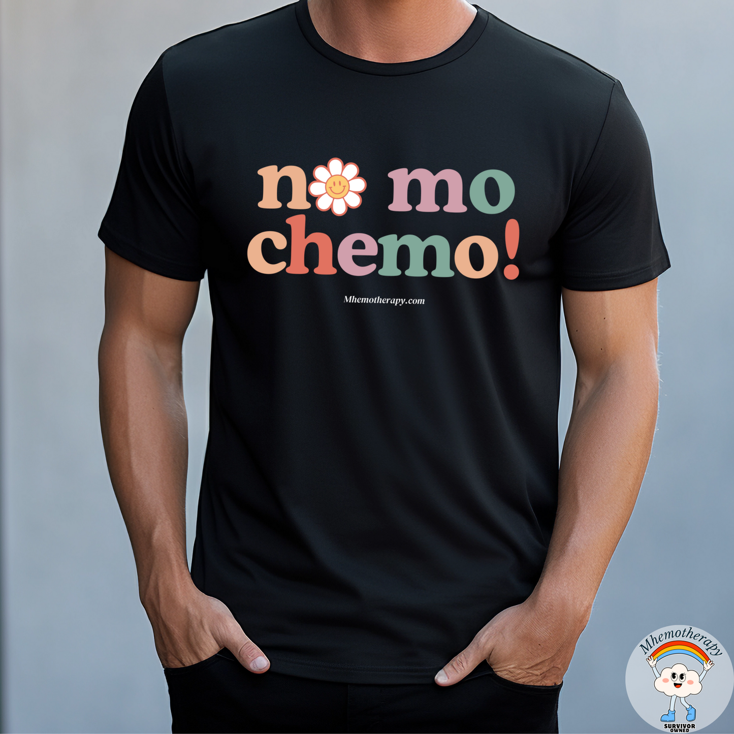 Man wearing the black "No Mo Chemo" funny cancer shirt for men, chemo gift, end-of-treatment t-shirt by Mhemotherapy.com.
