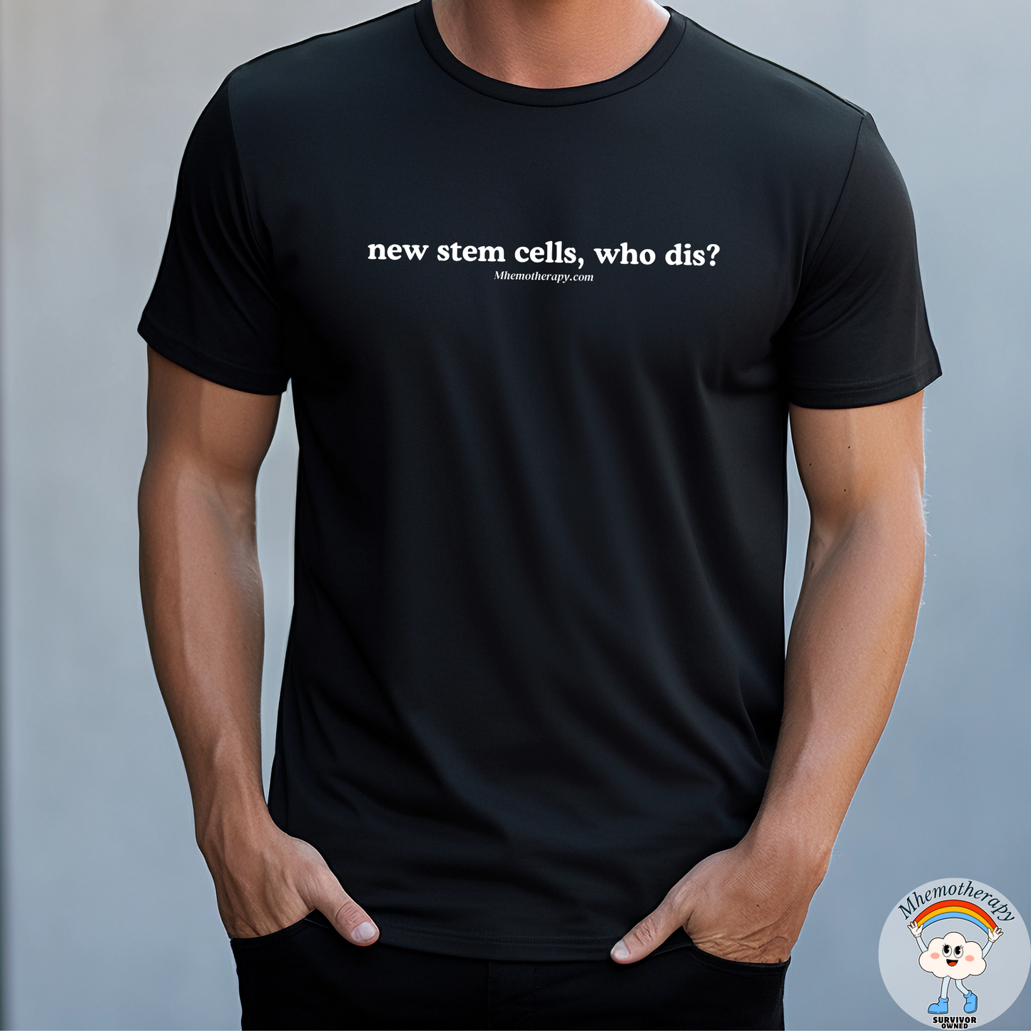 Man wearing stem cell transplant gift idea shirt stating "New stem cells, who dis?", funny cancer t-shirt, cancer meme, cancer trendy rebirthday shirt, by mhemotherapy.com.