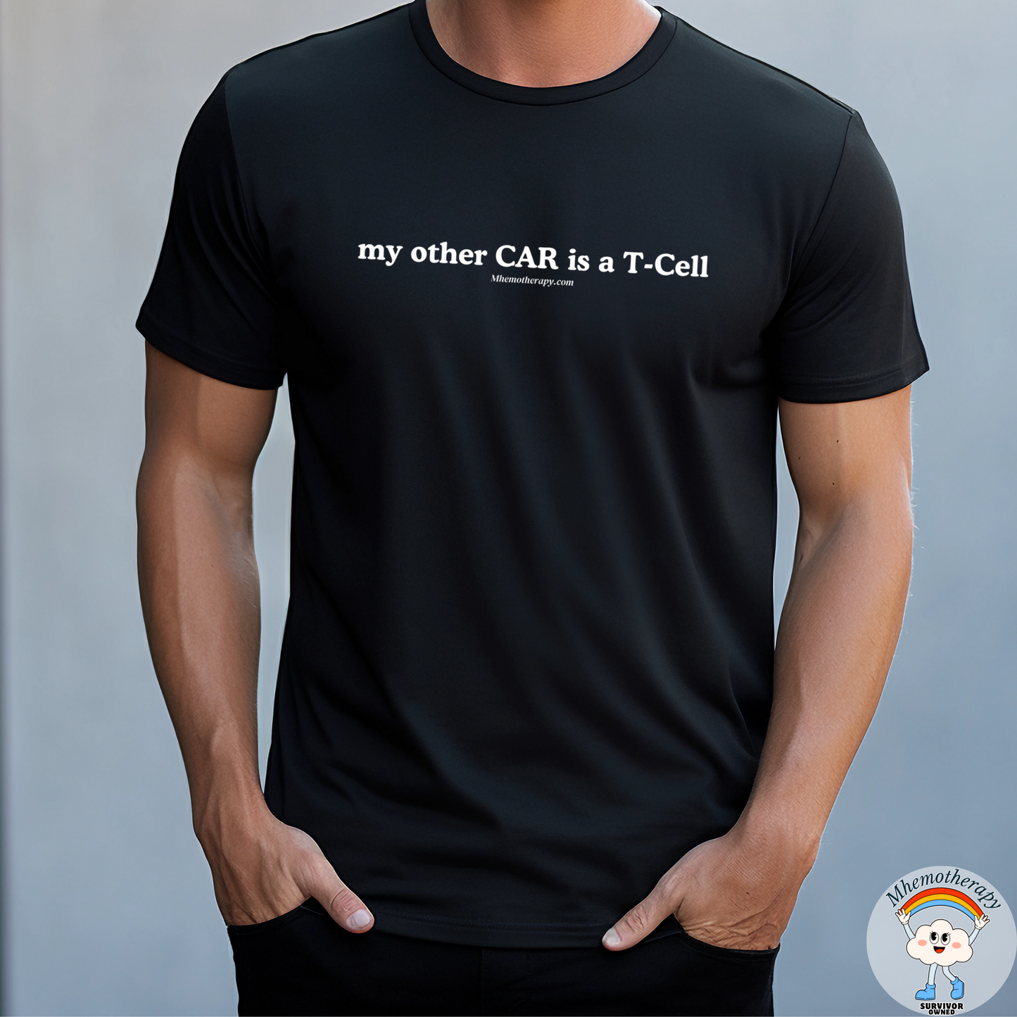 Man wearing the black immunotherapy shirt "My other CAR is a T-Cell" CAR-T Cell Therapy t-shirt & funny cancer shirt by Mhemotherapy.