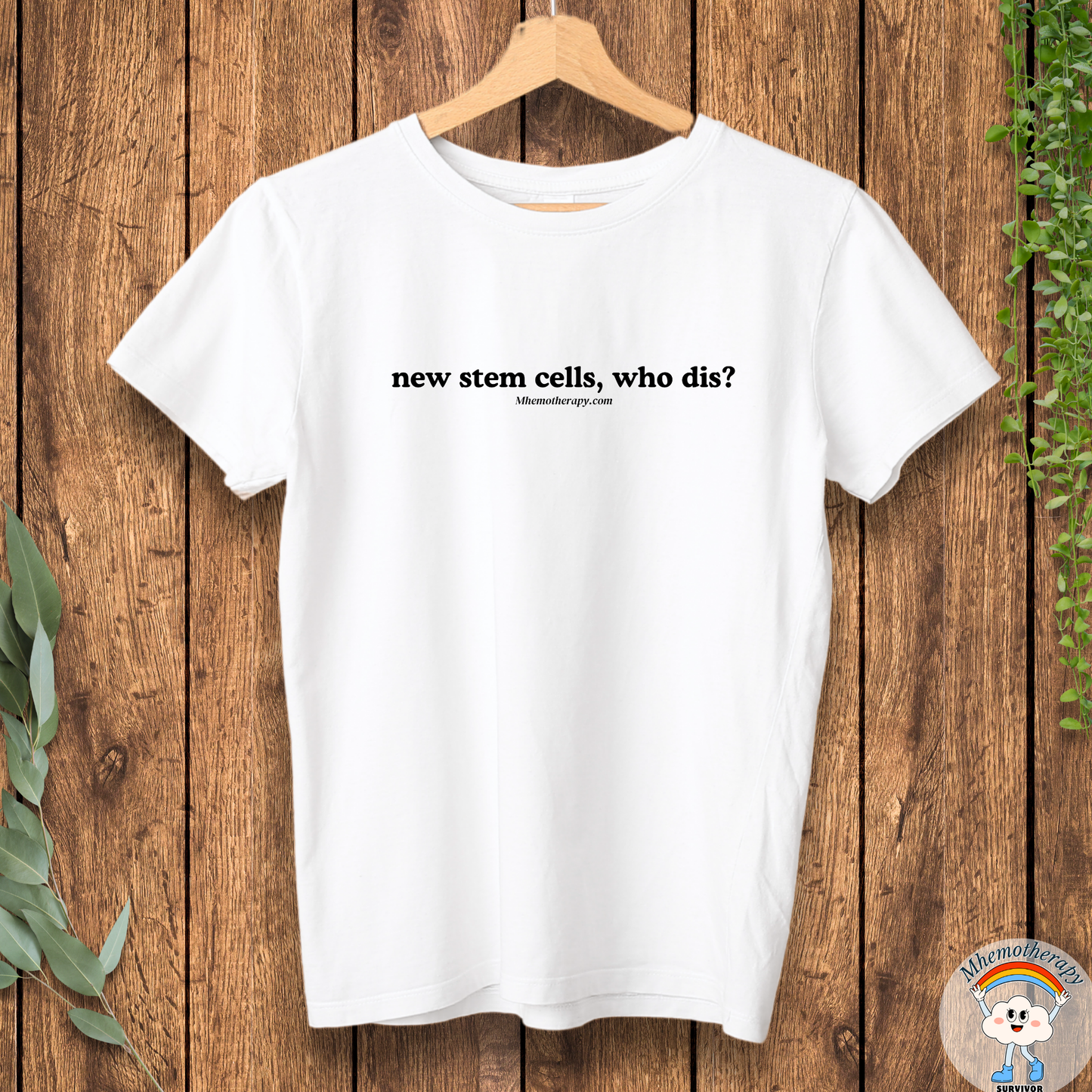 Front view of funny cancer shirt stating "New stem cells, who dis?", stem cell transplant gift idea, cancer meme, cancer trendy rebirthday shirt, by mhemotherapy.com.