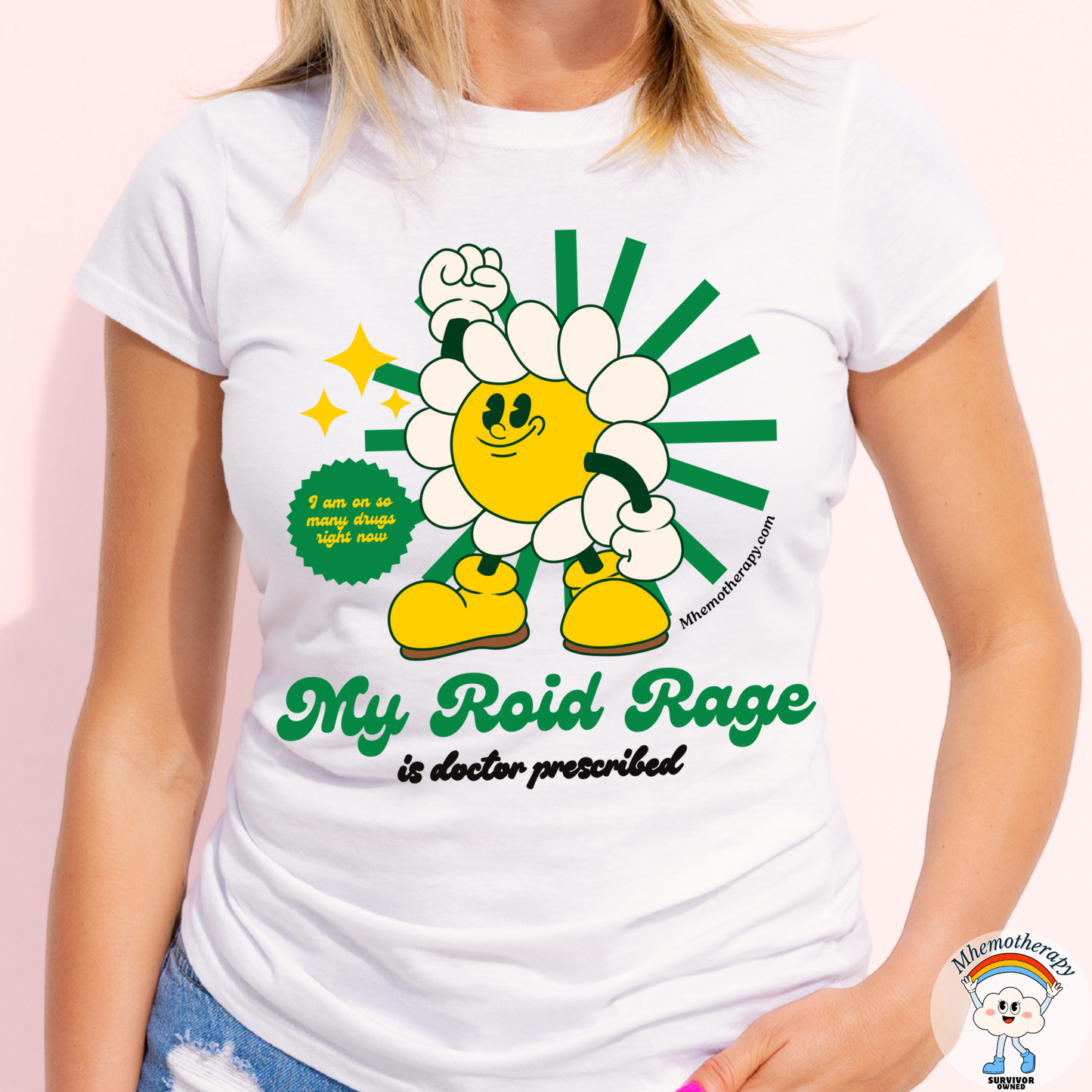 Woman wearing the white "My Roid Rage is Doctor Prescribed" funny cancer t-shirt for men and women by Mhemotherapy.com.