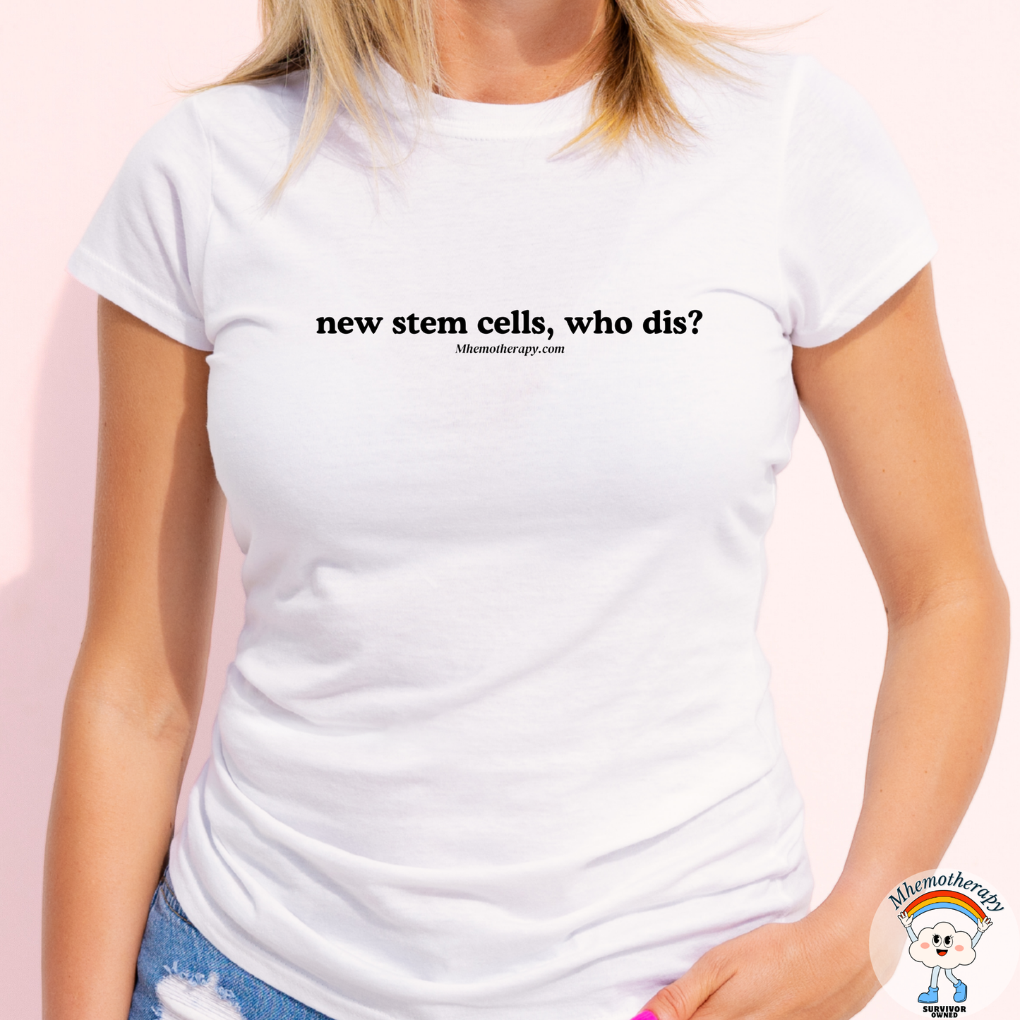 Woman wearing stem cell transplant gift idea shirt stating "New stem cells, who dis?", funny cancer t-shirt, cancer meme, cancer trendy rebirthday shirt, by mhemotherapy.com.