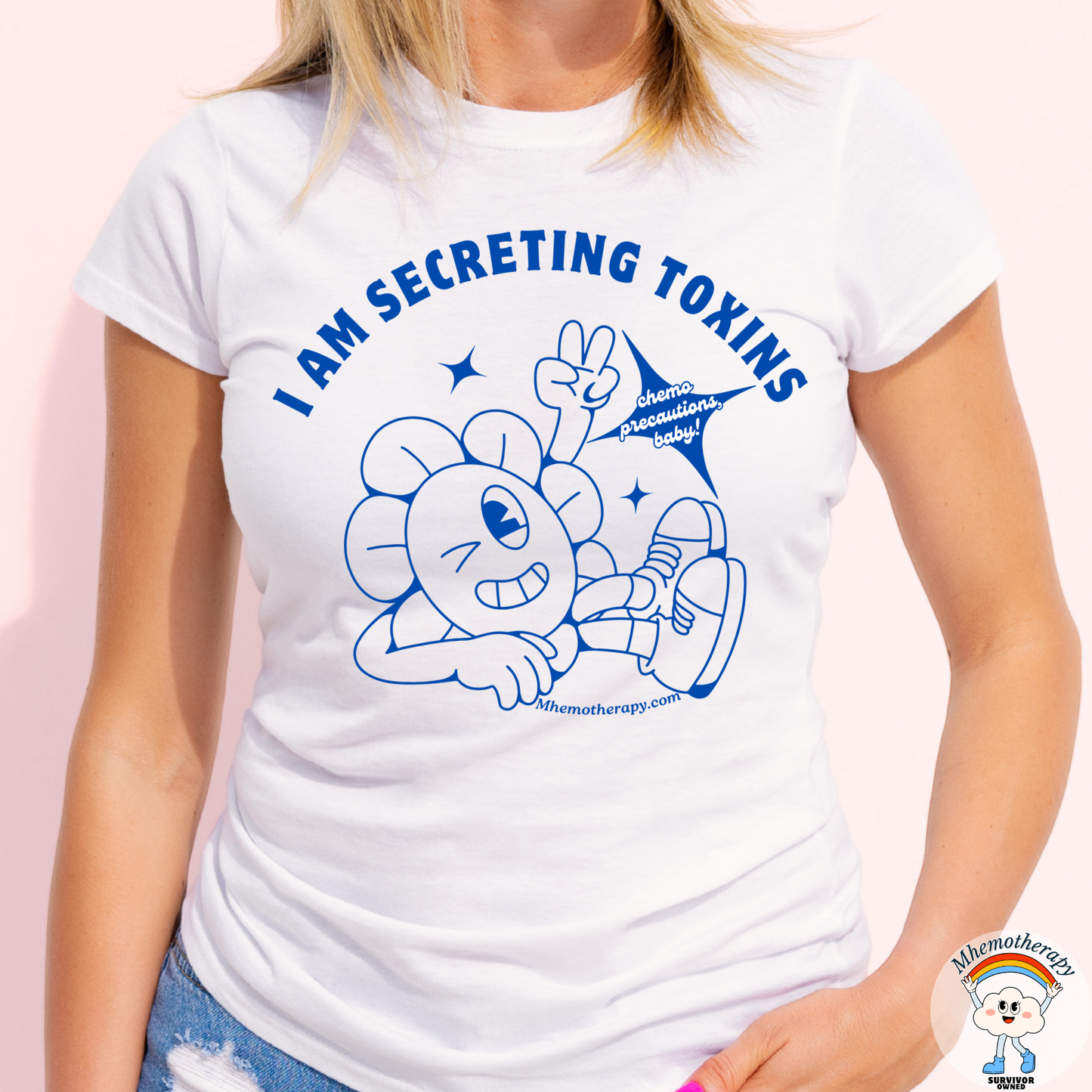 Woman wearing chemo precautions t-shirt, "I Am Secreting Toxins" funny cancer shirt, white, chemo gift for women and men front view by Mhemotherapy.com