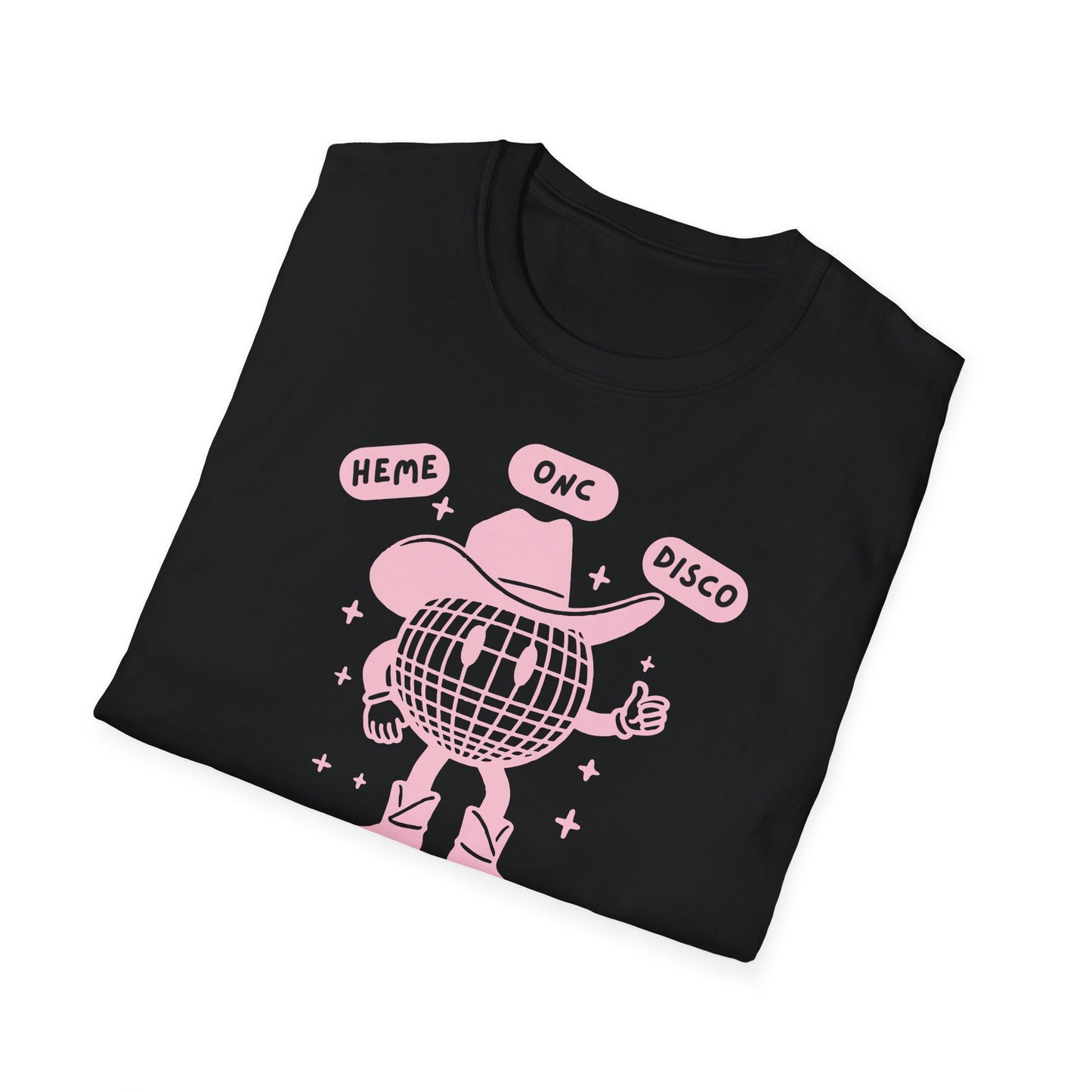 Heme-Onc Cowboy Disco retro funny cancer shirt, black with pink, breast cancer t-shirt, funny cancer survivor shirt for women and men folded view by Mhemotherapy.com.