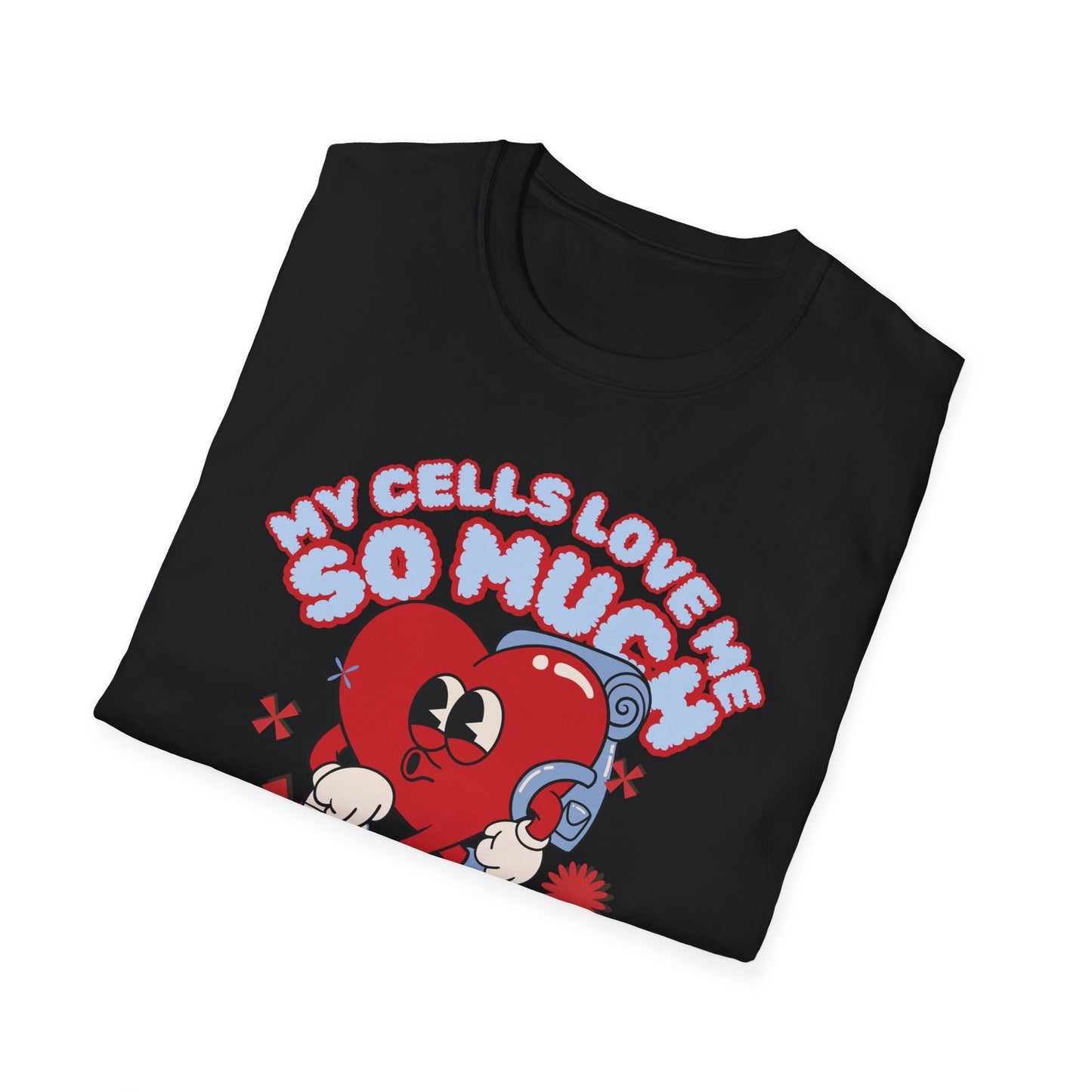 My Cells Love Me So Much They Won't Die retro funny cancer shirt, black, folded chemo gift for women and men by Mhemotherapy.com.
