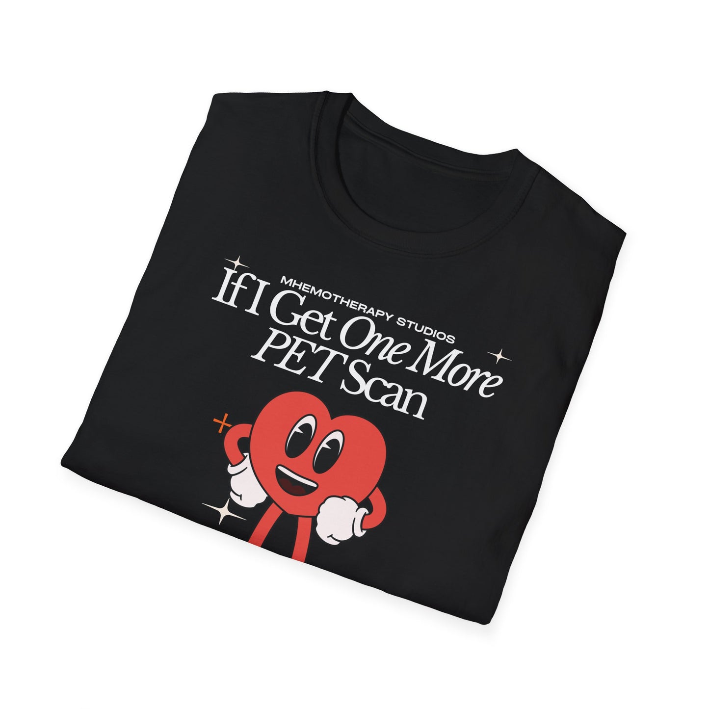 Folded view of the black "If I Get One More PET Scan, I'll Start Glowing" funny cancer survivor t-shirt for women and men by Mhemotherapy.com.