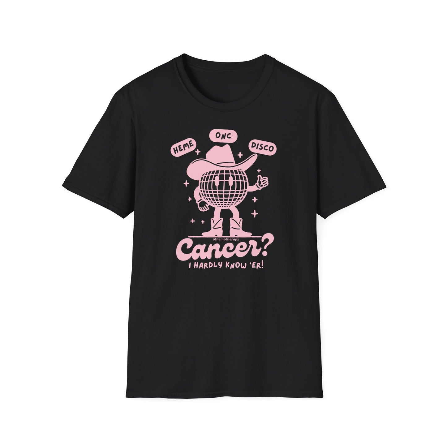 Heme-Onc Cowboy Disco retro funny cancer shirt, black with pink, breast cancer t-shirt, funny cancer survivor shirt for women and men front view by Mhemotherapy.com.