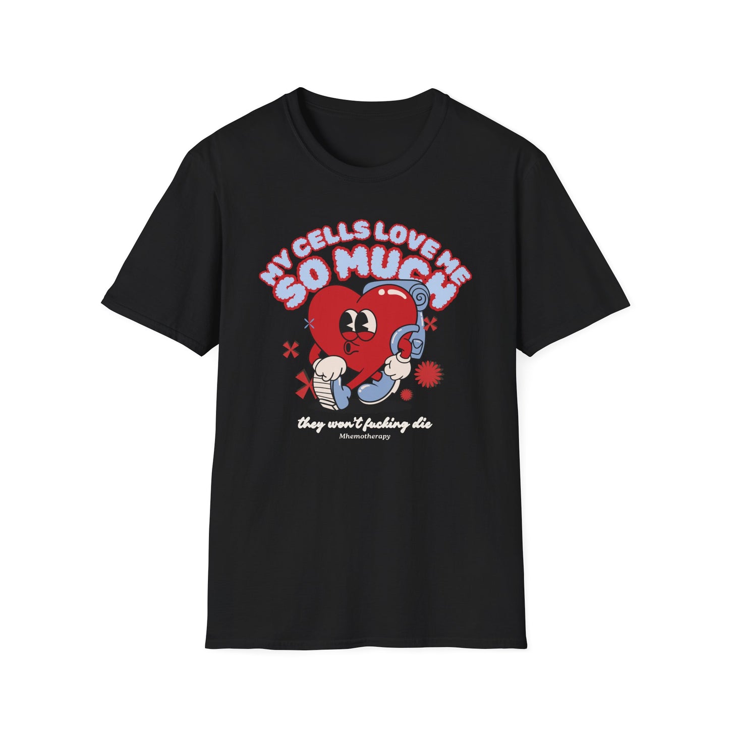"My Cells Love Me So Much They Won't F*cking Die" retro funny cancer shirt, black, chemo gift for women and men front view by Mhemotherapy.com.