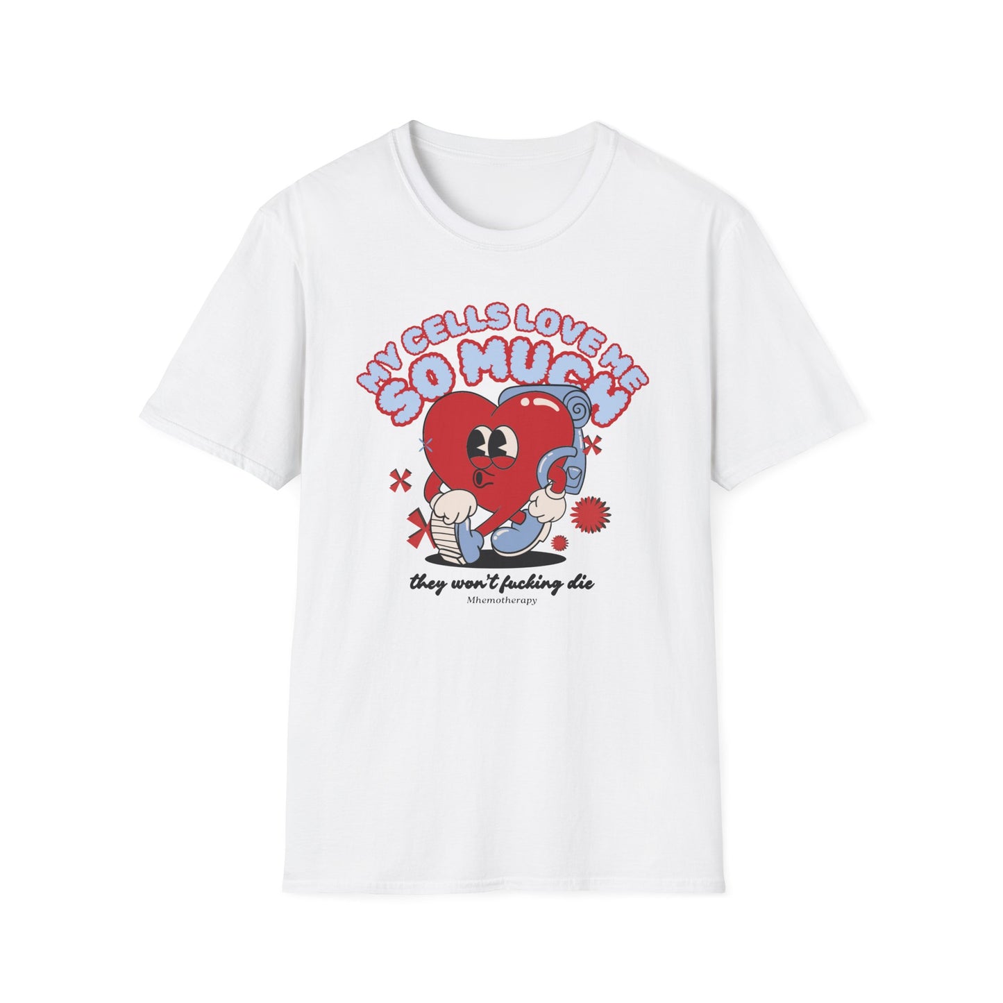 "My Cells Love Me So Much They Won't F*cking Die" retro funny cancer shirt, white, chemo gift for women and men front view by Mhemotherapy.com.