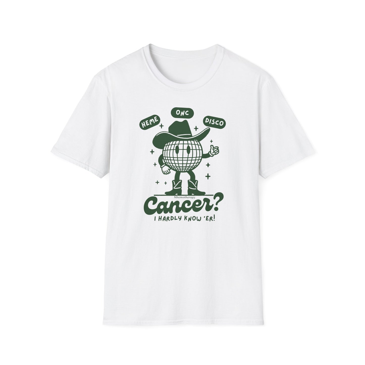 Heme-Onc Cowboy Disco retro funny cancer shirt, white with green, liver cancer shirt, lymphoma funny cancer survivor shirt for men and women front view by Mhemotherapy.com.