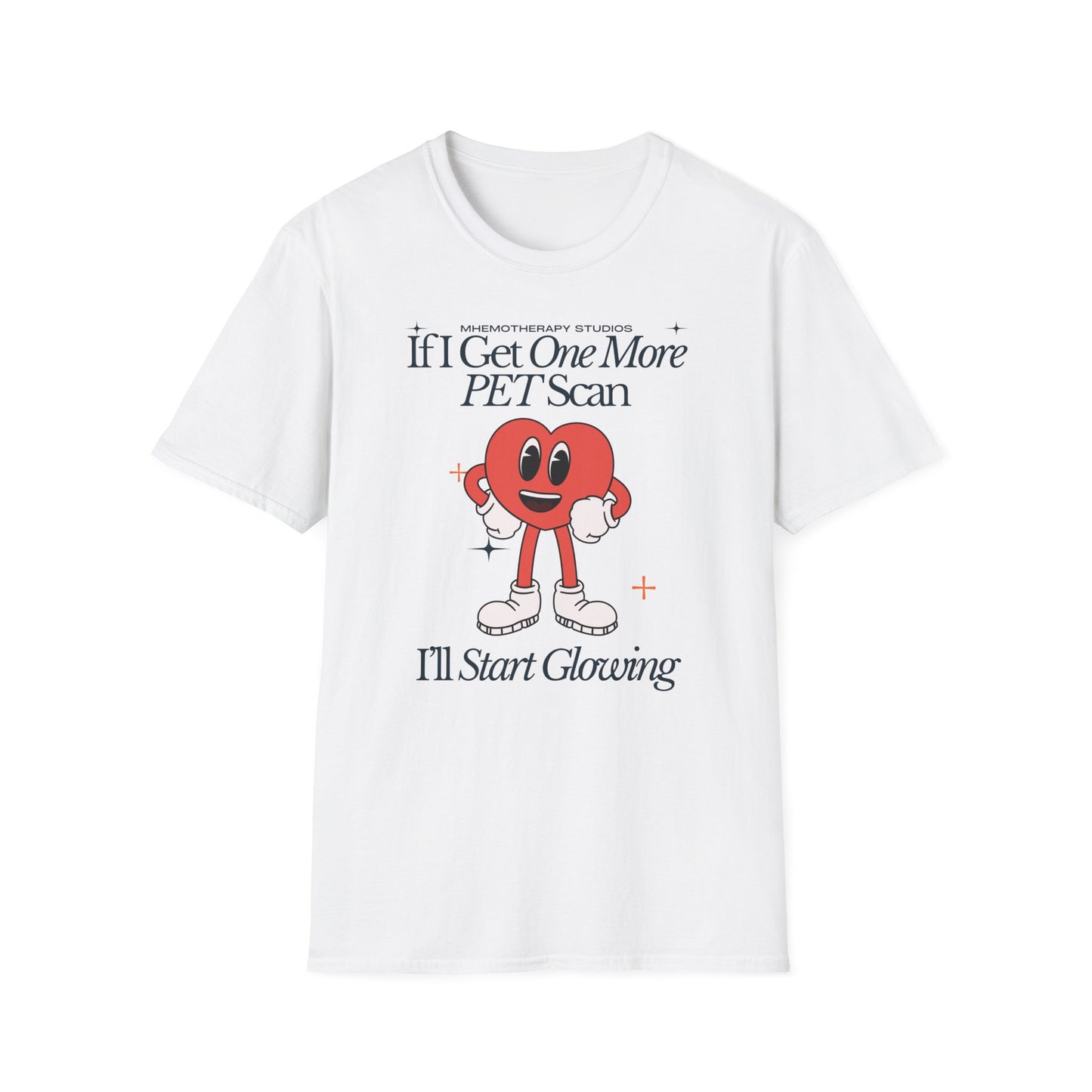 Front view of the white "If I Get One More PET Scan, I'll Start Glowing" funny cancer survivor t-shirt for men and women by Mhemotherapy.com.
