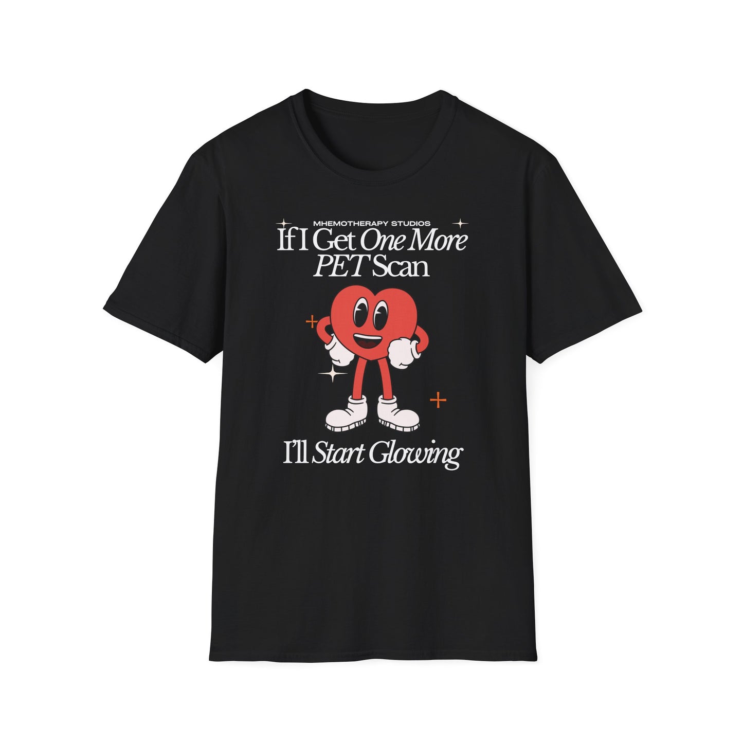 Front view of the black "If I Get One More PET Scan, I'll Start Glowing" funny cancer survivor t-shirt for men and women by Mhemotherapy.com.
