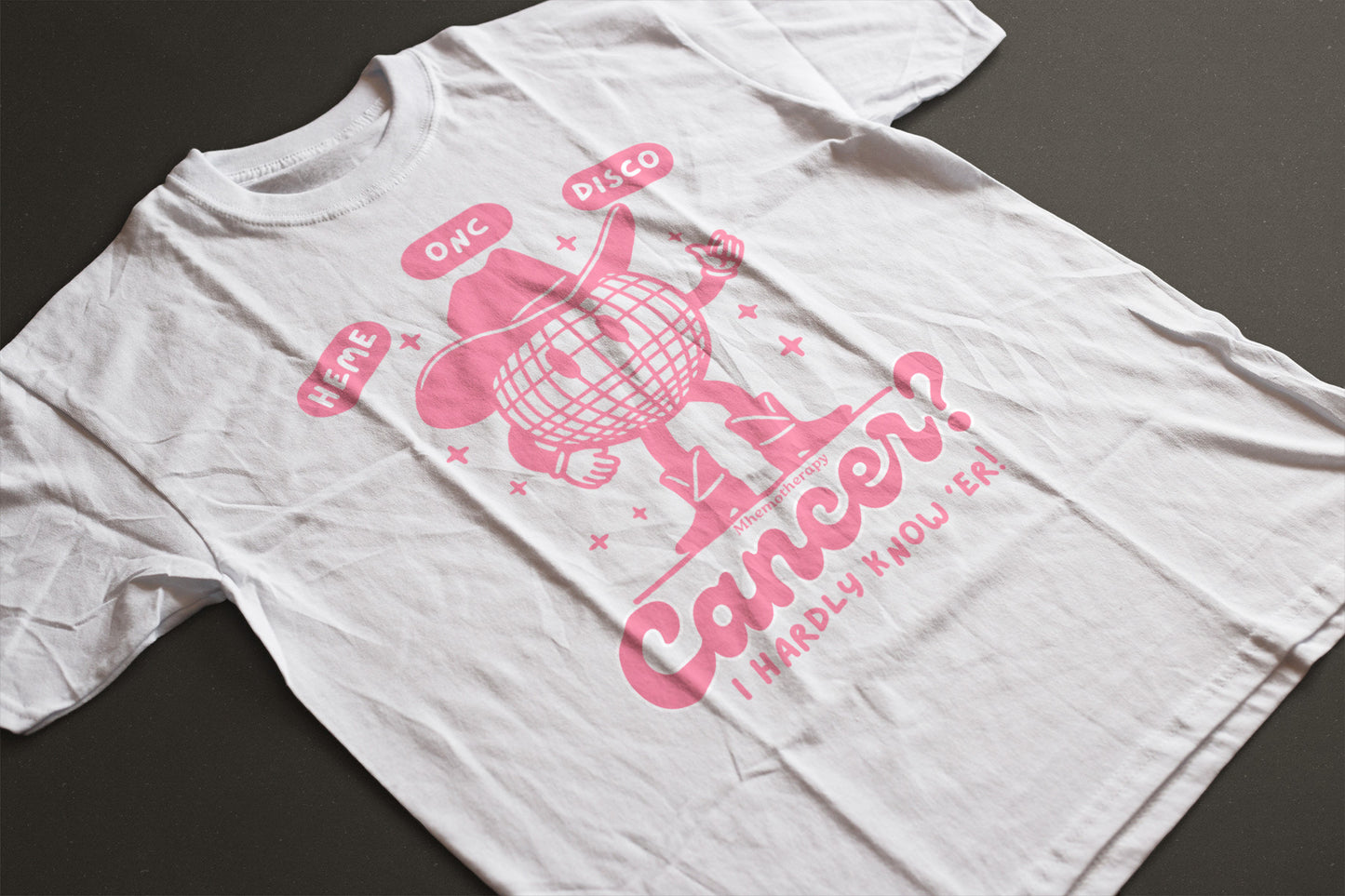 Heme-Onc Cowboy Disco retro funny cancer shirt, white with pink, breast cancer t-shirt, funny cancer survivor shirt for women and men close-up by Mhemotherapy.com.