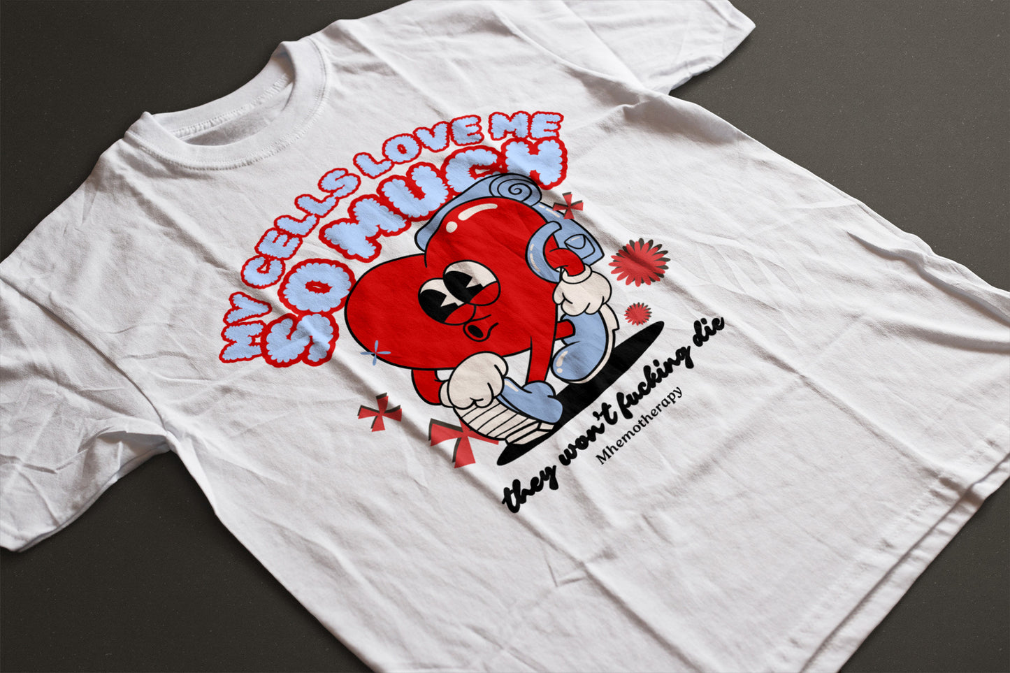"My Cells Love Me So Much They Won't F*cking Die" retro funny cancer shirt, white, chemo gift for men and women close up by Mhemotherapy.com.