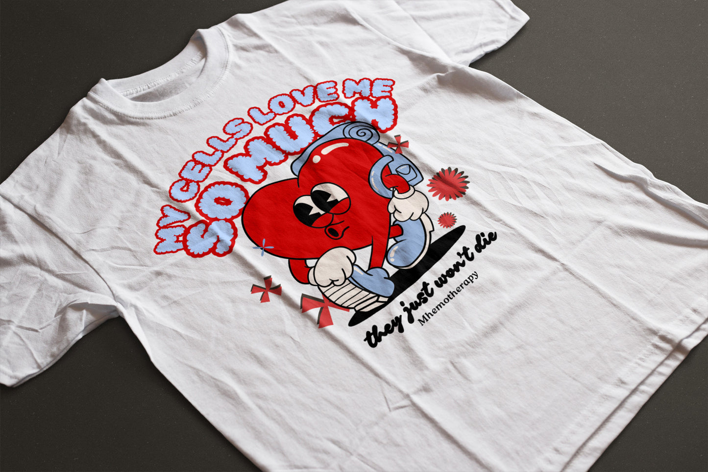 My Cells Love Me So Much They Won't Die retro funny cancer shirt, white, close up on chemo gift for women and men by Mhemotherapy.com.