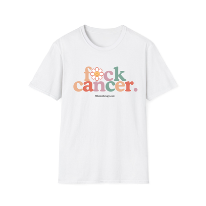 Front view of the white "F*ck Cancer." retro funny cancer shirt, chemo gift for women and men by Mhemotherapy.com.