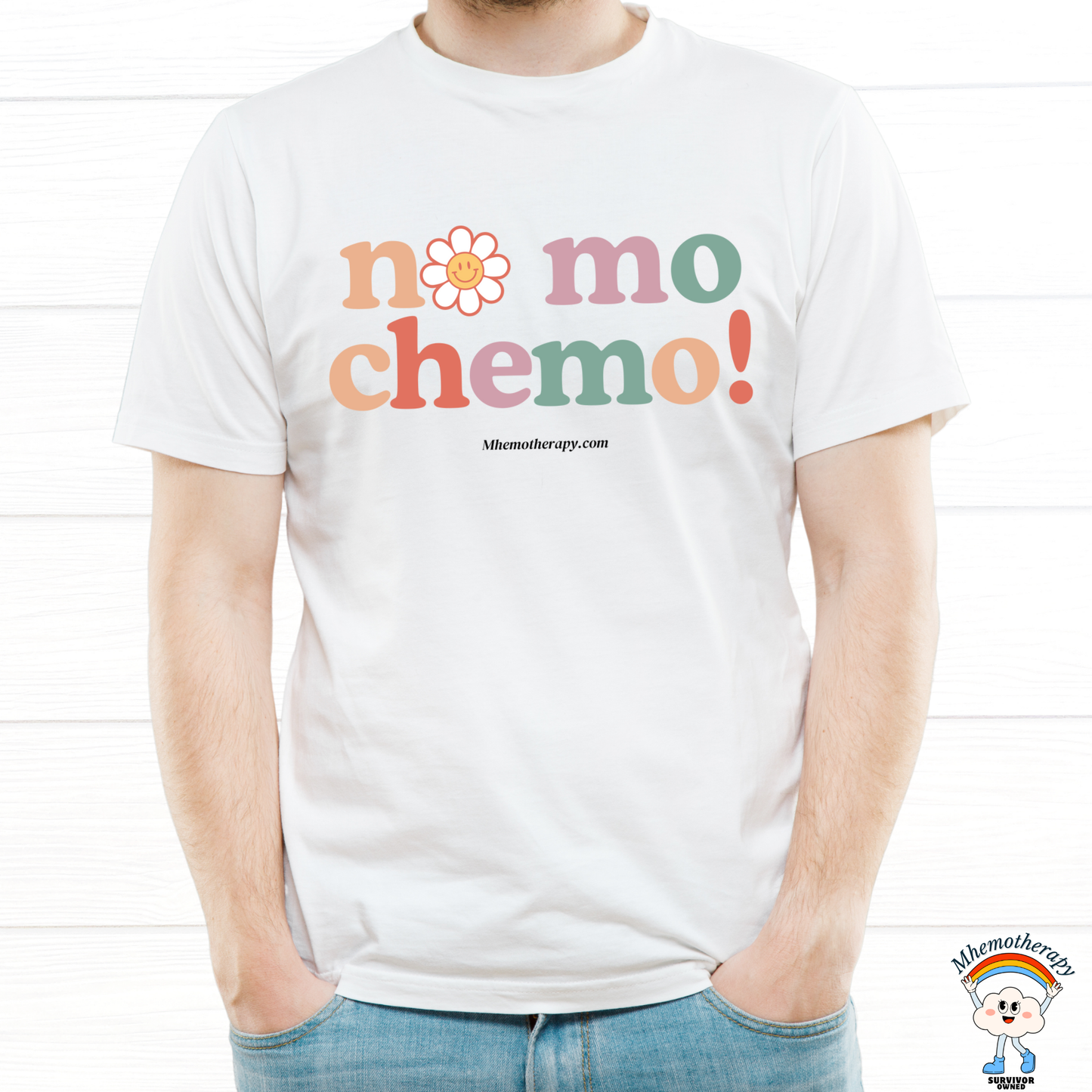 Man wearing the white "No Mo Chemo" funny cancer shirt for men, chemo gift, cancer awareness t-shirt by Mhemotherapy.com.