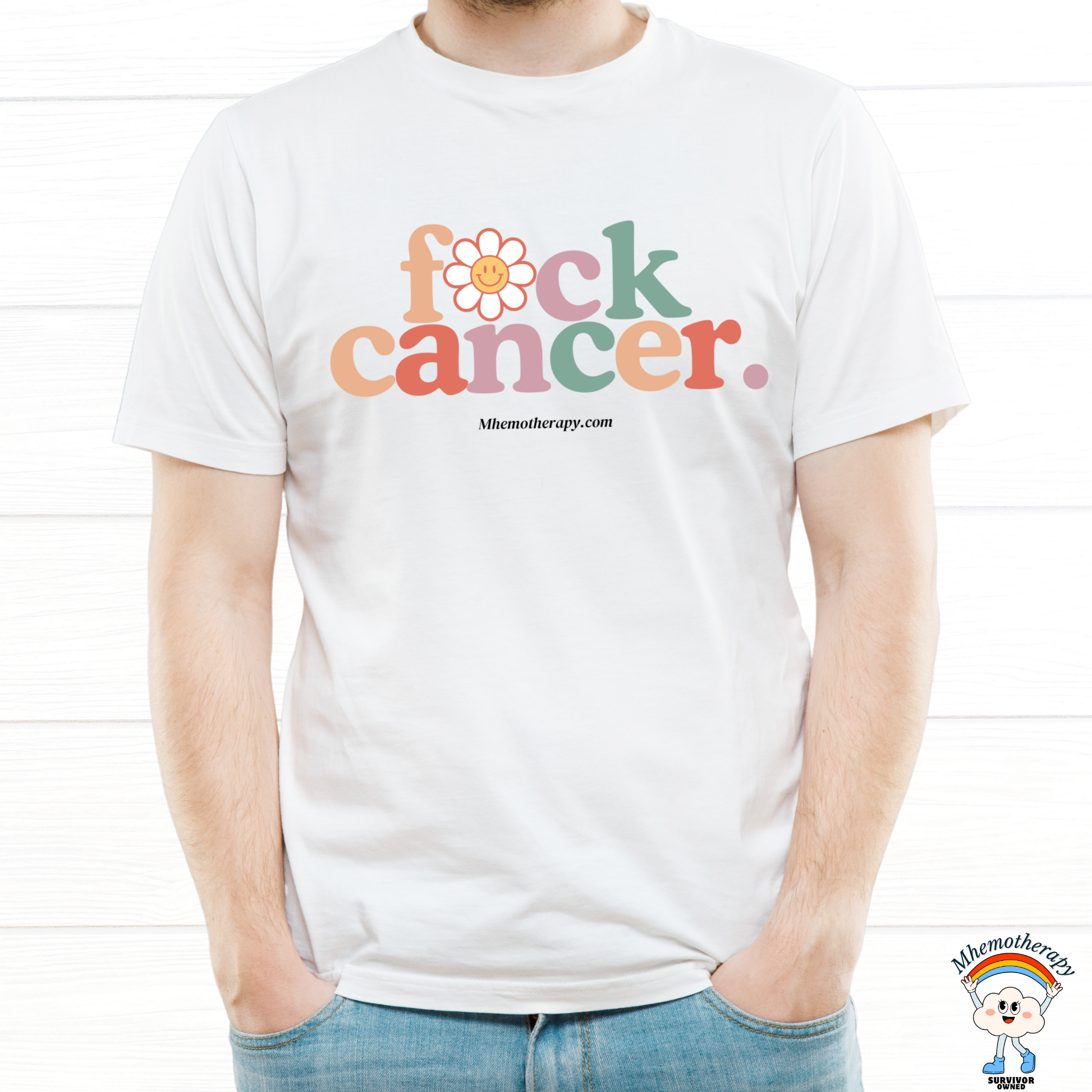 Man wearing the white "F*ck Cancer." retro funny cancer shirt, chemo gift for men and women by Mhemotherapy.com.