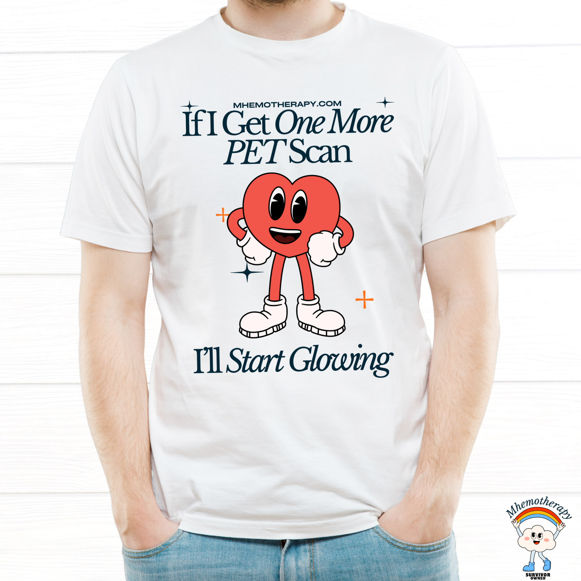 Man wearing the white "If I Get One More PET Scan, I'll Start Glowing" funny cancer survivor t-shirt for men and women by Mhemotherapy.com.