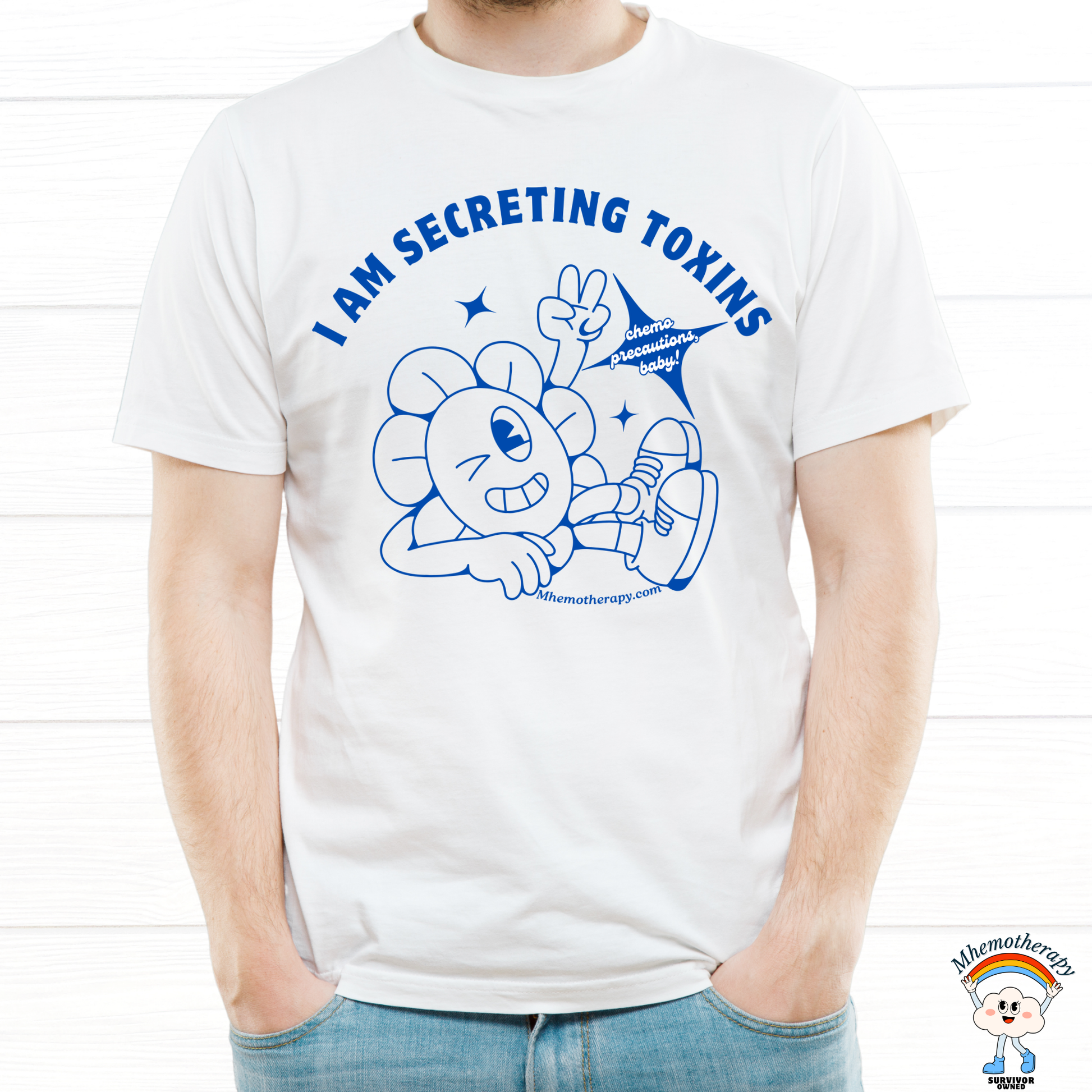 Man wearing chemo precautions t-shirt, "I Am Secreting Toxins" funny cancer shirt, white, chemo gift for women and men front view by Mhemotherapy.com