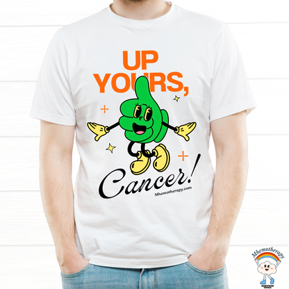 Man wearing funny cancer awareness shirt stating "Up Yous, Cancer!", chemo gift for for men and women, white, by Mhemotherapy.com.