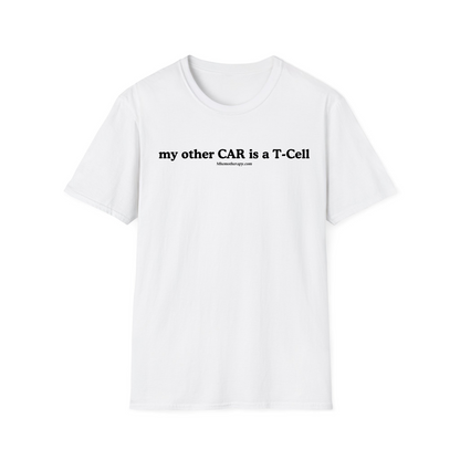 Front view of the white "My other CAR is a T-Cell" CAR-T Cell Therapy t-shirt & funny cancer shirt by Mhemotherapy. 