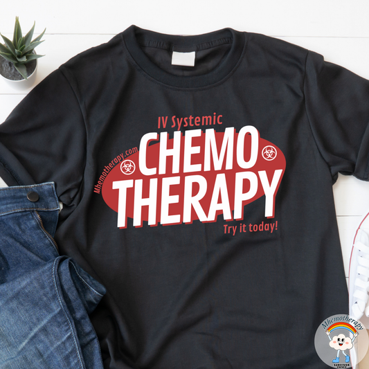 Close up of black "IV Systemic Chemotherapy" t-shirt, funny cancer treatment tee by mhemotherapy.com