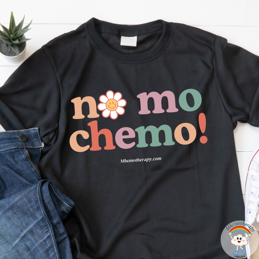 Flat lay view of the black "No Mo Chemo" funny cancer shirt for women and men, chemo gift, end-of-treatment t-shirt by Mhemotherapy.com.