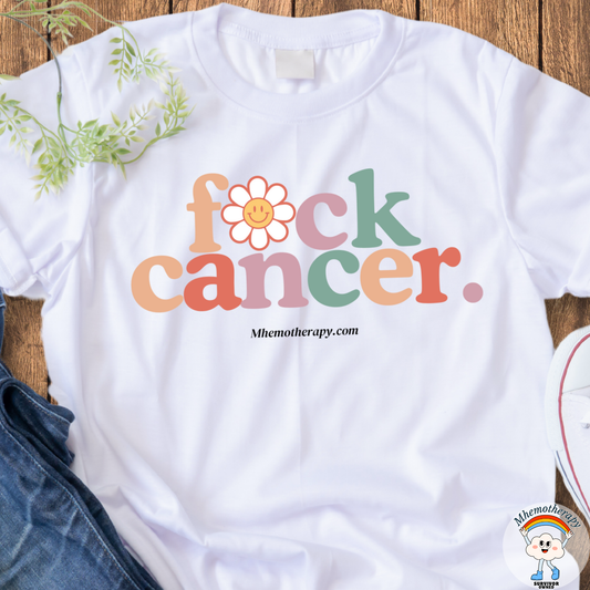 Flat lay view of the white "F*ck Cancer." retro funny cancer shirt, chemo gift for men and women by Mhemotherapy.com.