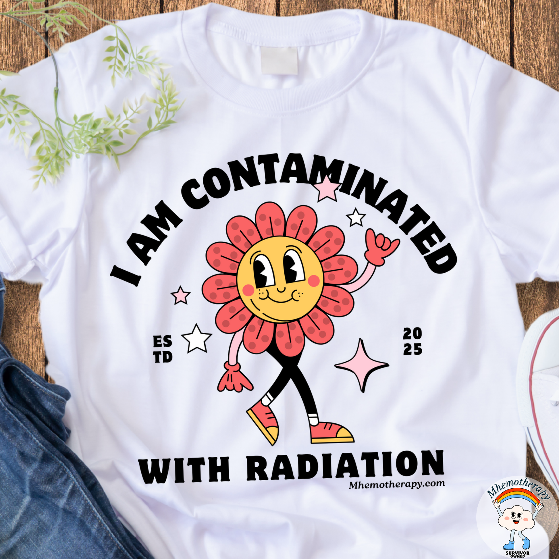 Front view of the "I Am Contaminated With Radiation" funny cancer shirt, white, PET Scan t-shirt front view by Mhemotherapy.com.
