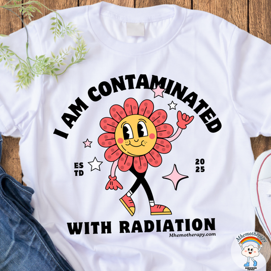 Front view of the "I Am Contaminated With Radiation" funny cancer shirt, white, PET Scan t-shirt front view by Mhemotherapy.com.