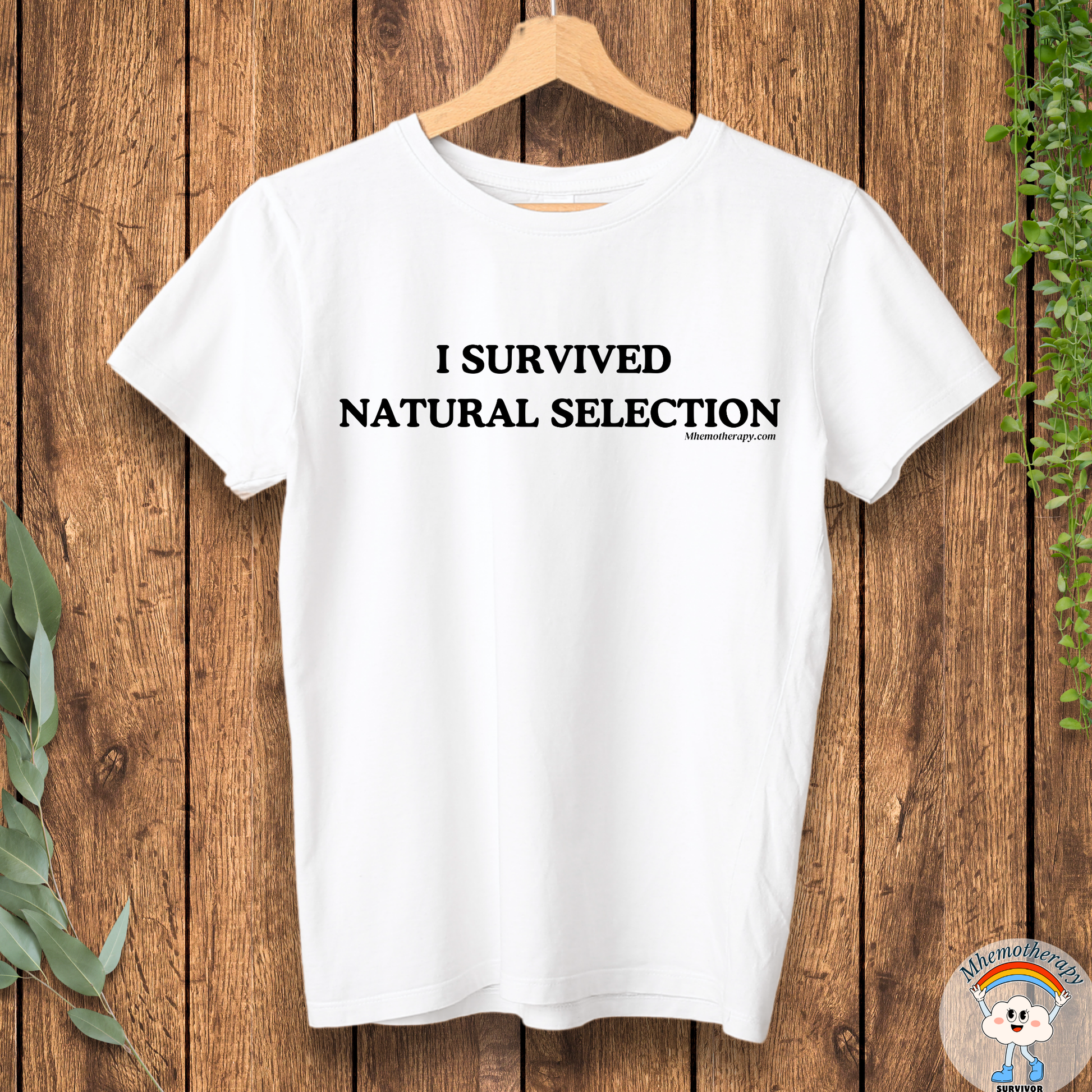 Front view of the white "I Survived Natual Selection" funny cancer t-shirt, chronic illness shirt, & spoonie tee from Mhemotherapy.