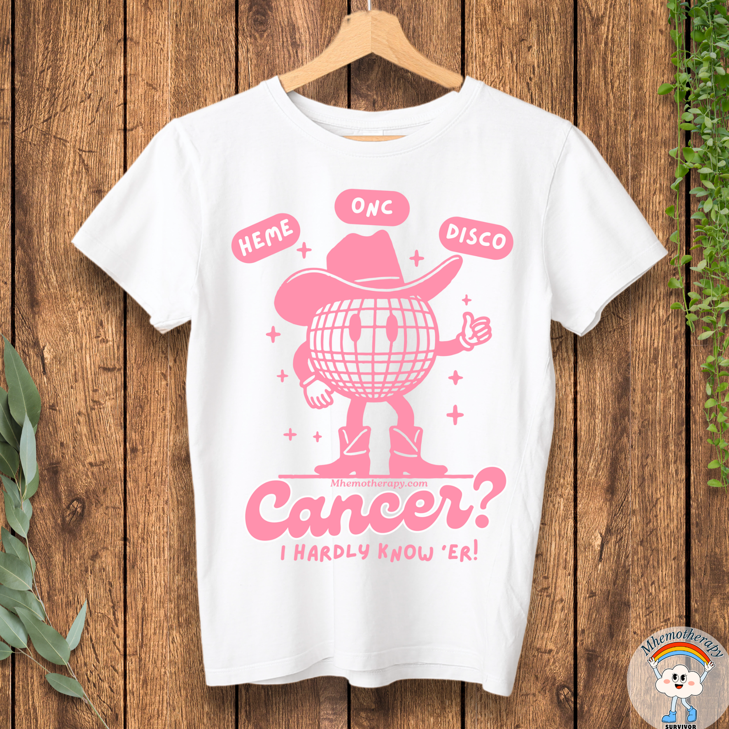 Aesthetic breast cancer awareness shirt, retro funny cancer shirt, white with pink, funny cancer survivor shirt for women and men front view by Mhemotherapy.com.