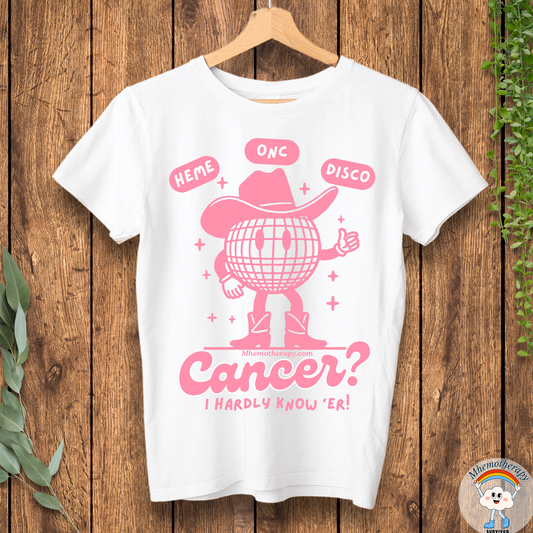 Aesthetic breast cancer awareness shirt, retro funny cancer shirt, white with pink, funny cancer survivor shirt for women and men front view by Mhemotherapy.com.