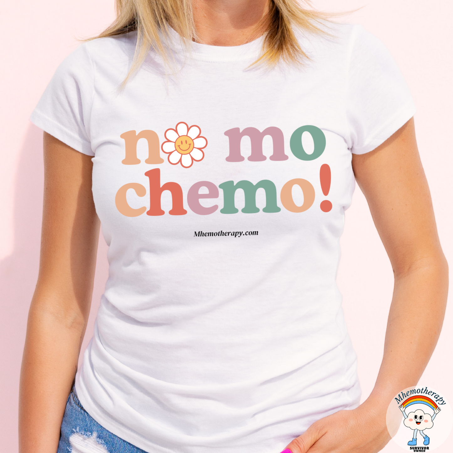 Woman wearing the white "No Mo Chemo" funny cancer shirt for women and men, chemo gift, cancer awareness t-shirt by Mhemotherapy.com.